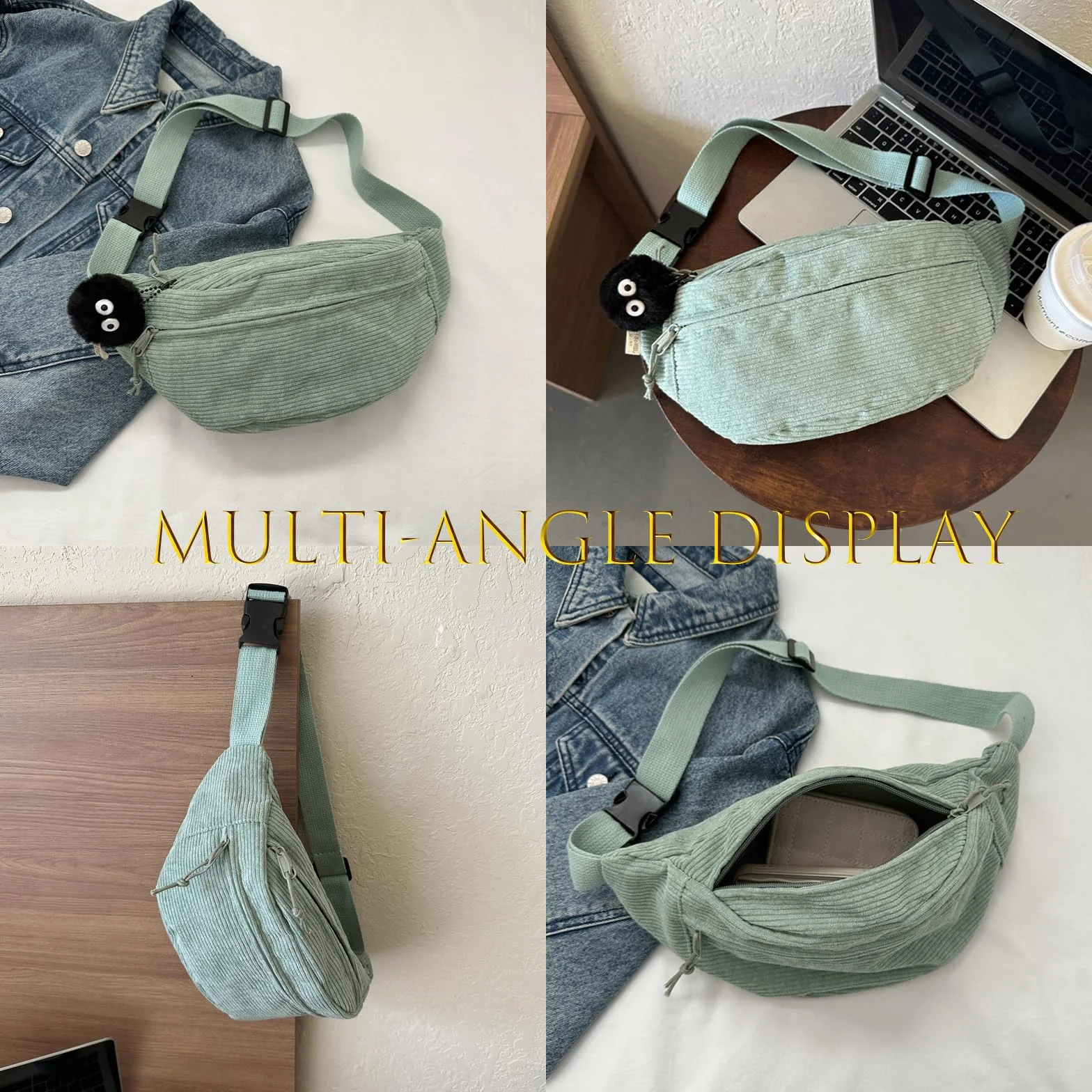 Sac Banane Velours Côtelé, Sac de Ceinture de Couleur Unie, Sangle Réglable (Vert)