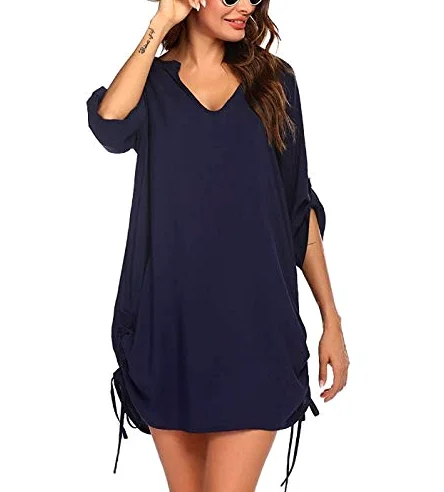 Cache-maillot de plage pour femme avec col en V et imprimé papillon, bleu marine, M