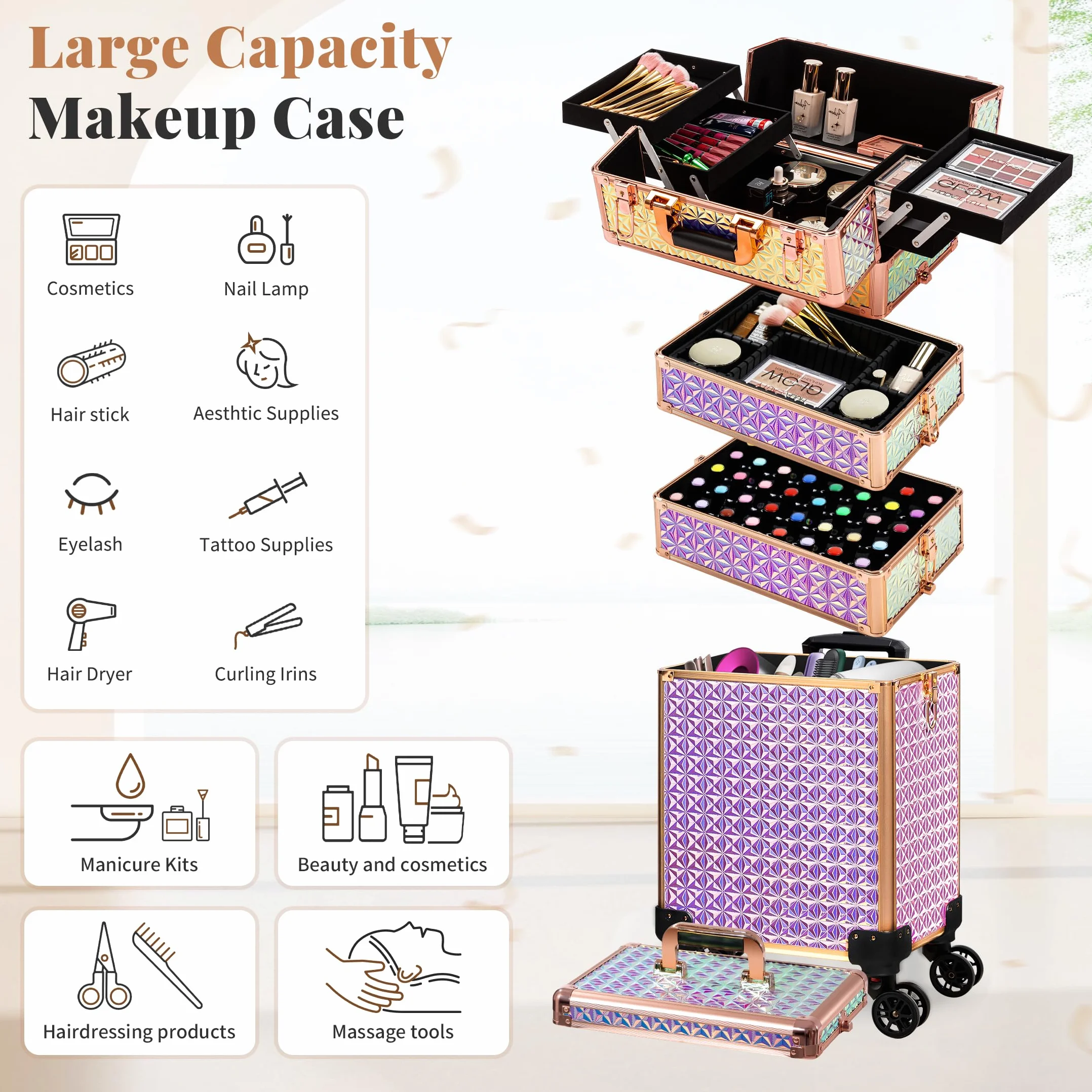 Mallette de maquillage professionnelle en aluminium 5 en 1 avec roulettes pivotantes 360°