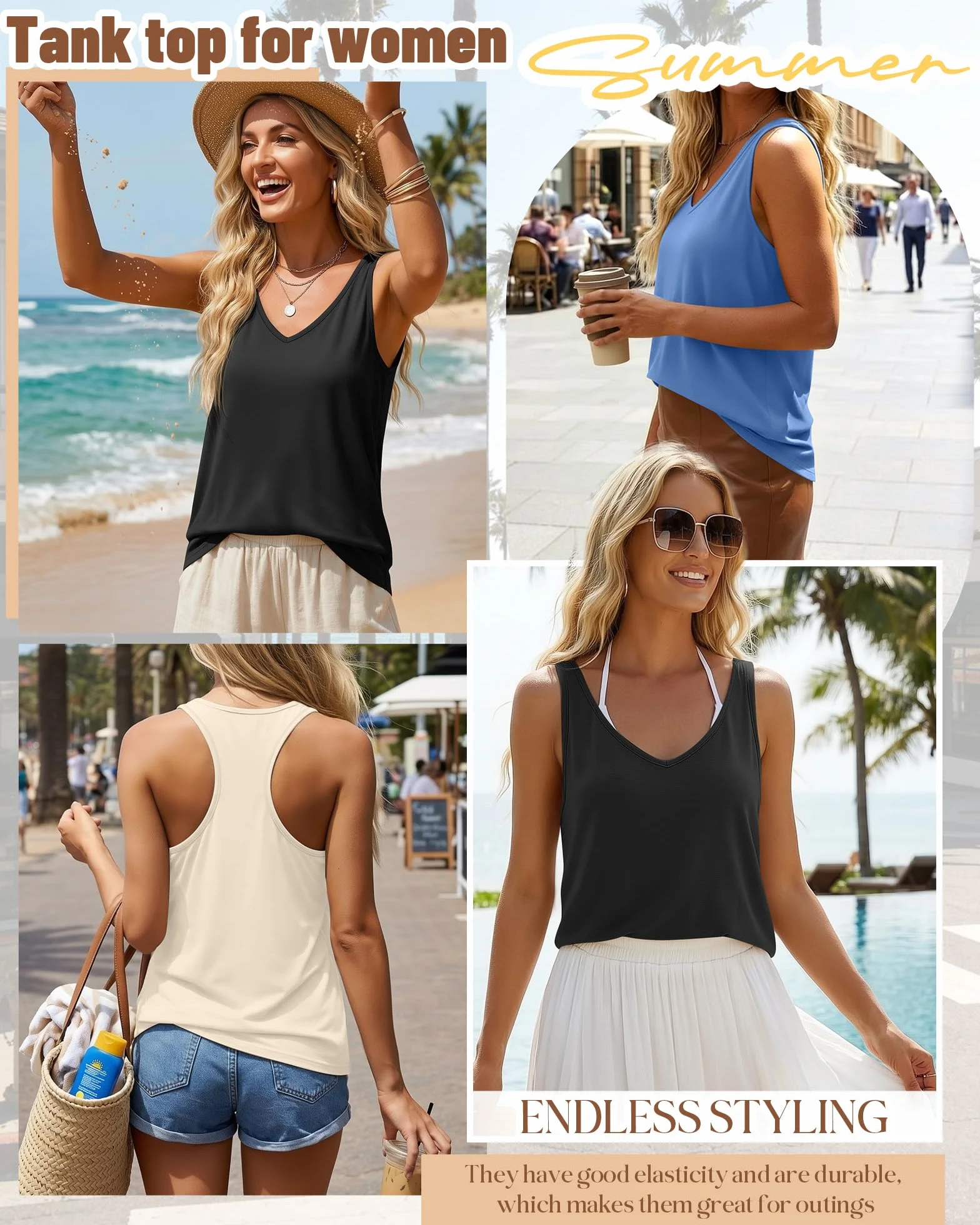 Lot de 3 Débardeurs pour Femme Col en V Dos Nageur Coupe Ample sans Manches Été