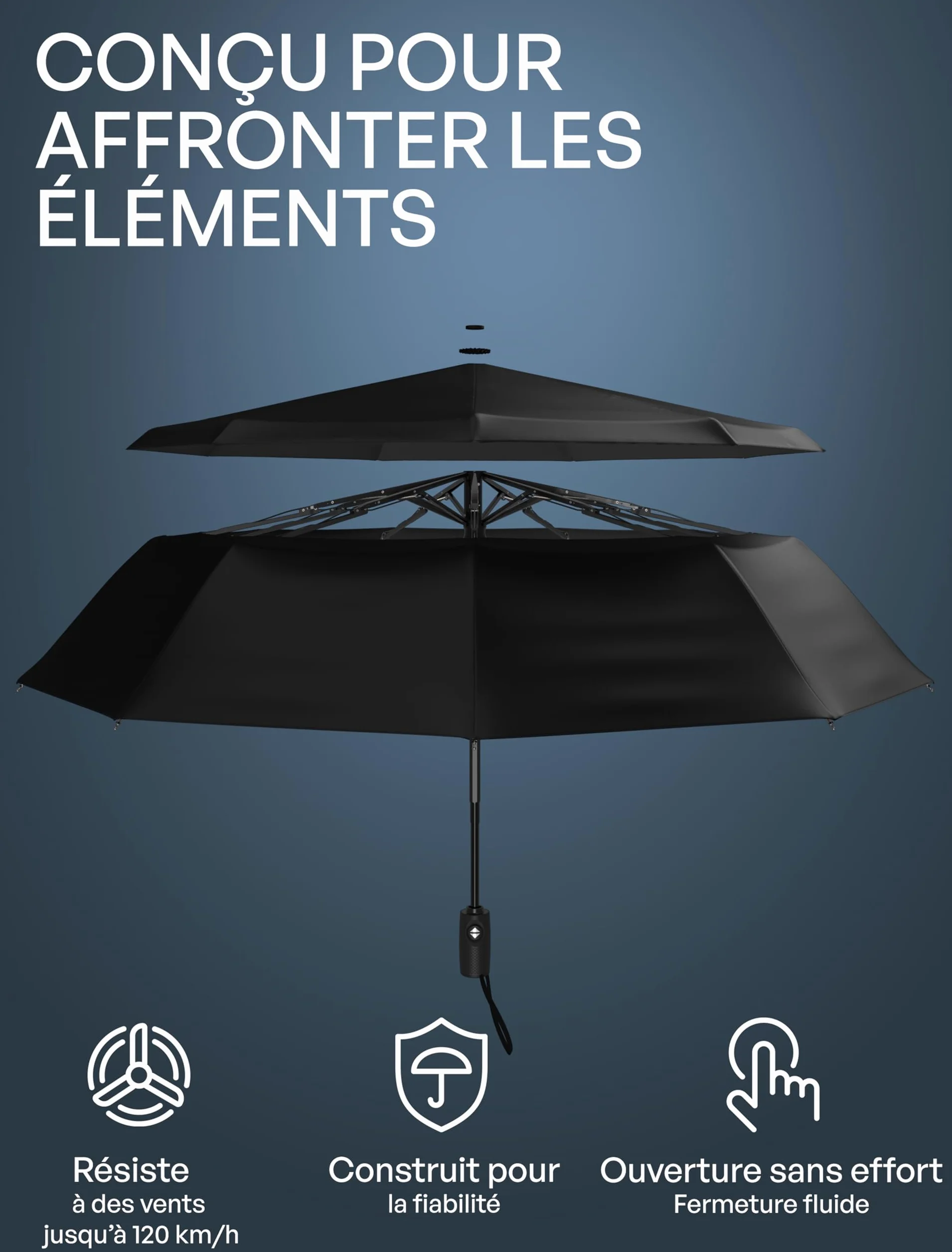 Parapluie Pliant Résistant au Vent Ouverture Automatique Armature Fibre de Verre Dôme Imperméable Compact
