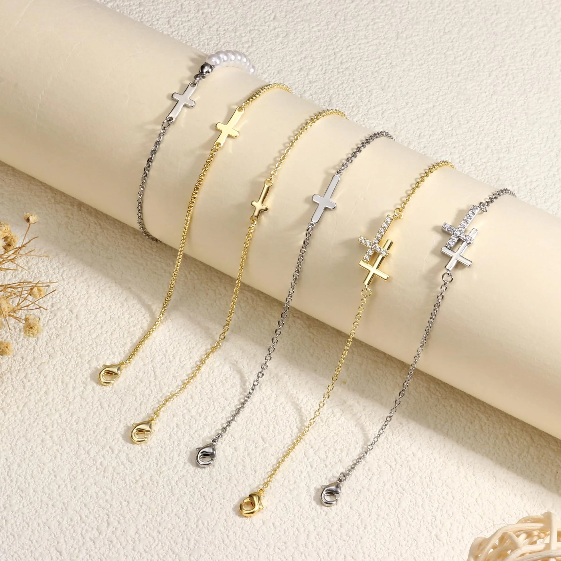 Bracelet Femme Or Plaqué 14K Réglable Chaîne Doré Croix