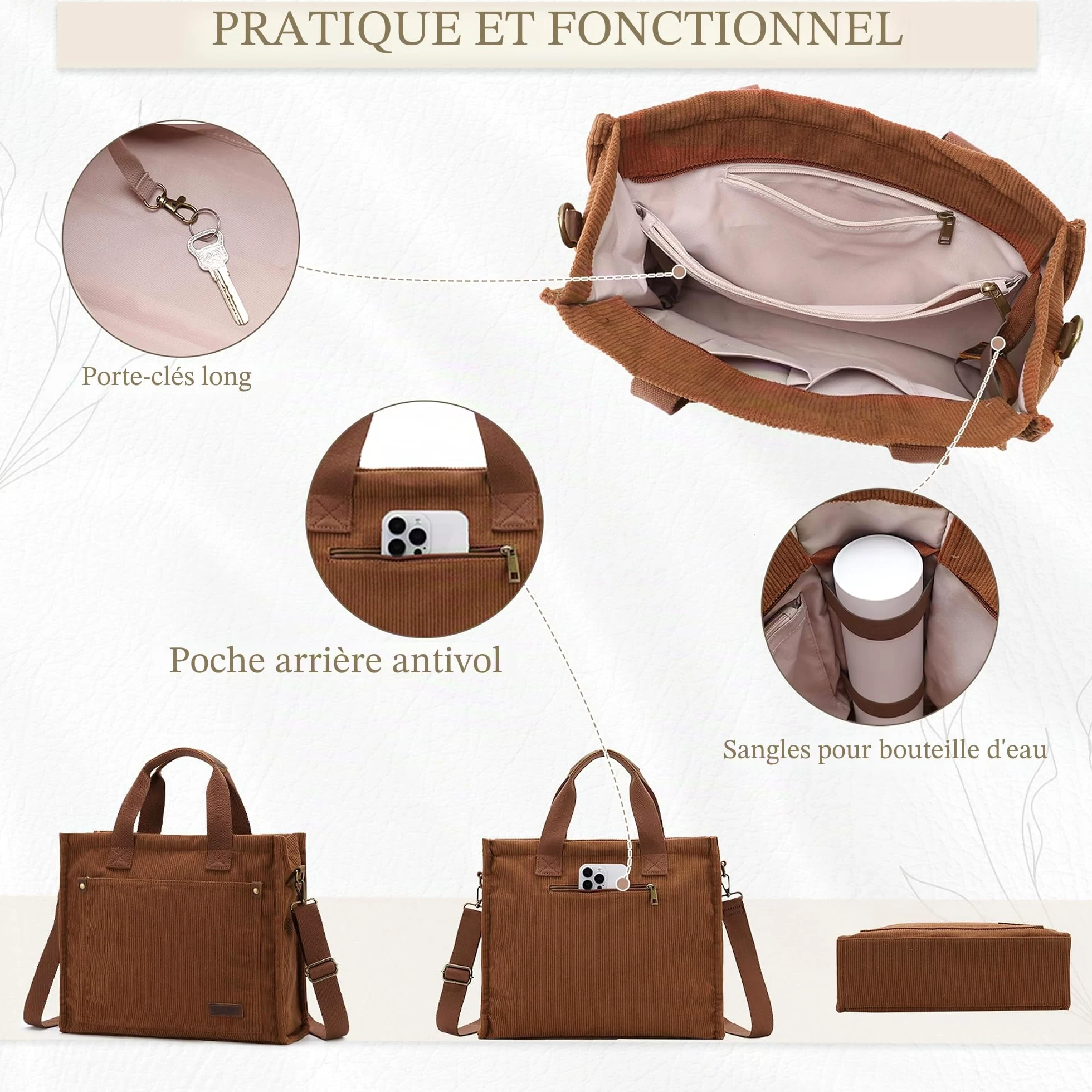 VASCHY Cabas Femme en Velours Côtelé, Tote Bag Zippé avec Bandoulière Amovible, Sac Porté Épaule Léger pour Travail, Cours et Shopping, 37 x 11 x 32 cm