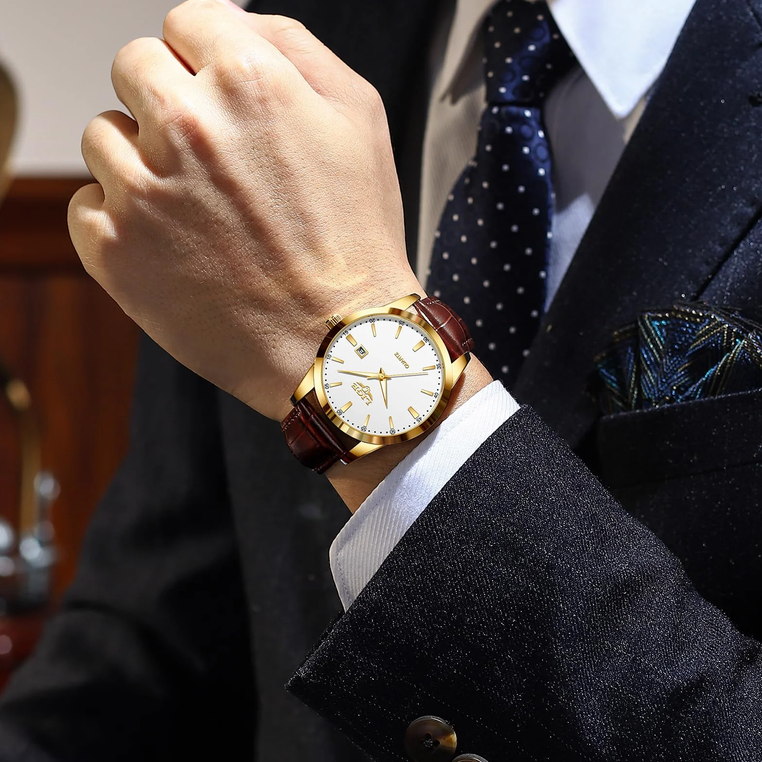 LIGE Montre Hommes Date Étanche Quartz Cuir Jaune-Brun