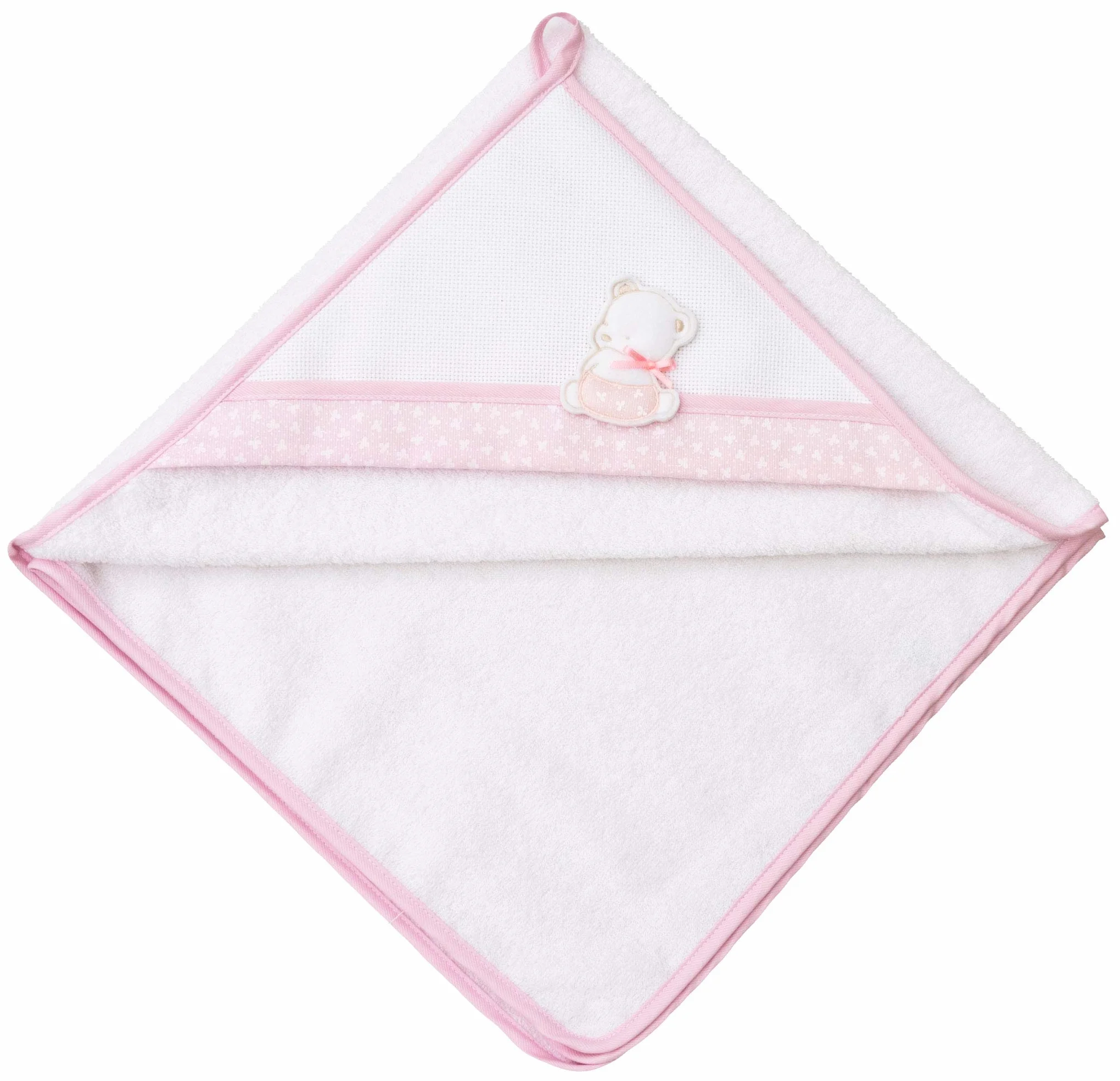 Peignoir Triangle Bébé Coton Broderie Ourson Timide 100% Made in Italy Blanc Rose 5 ans