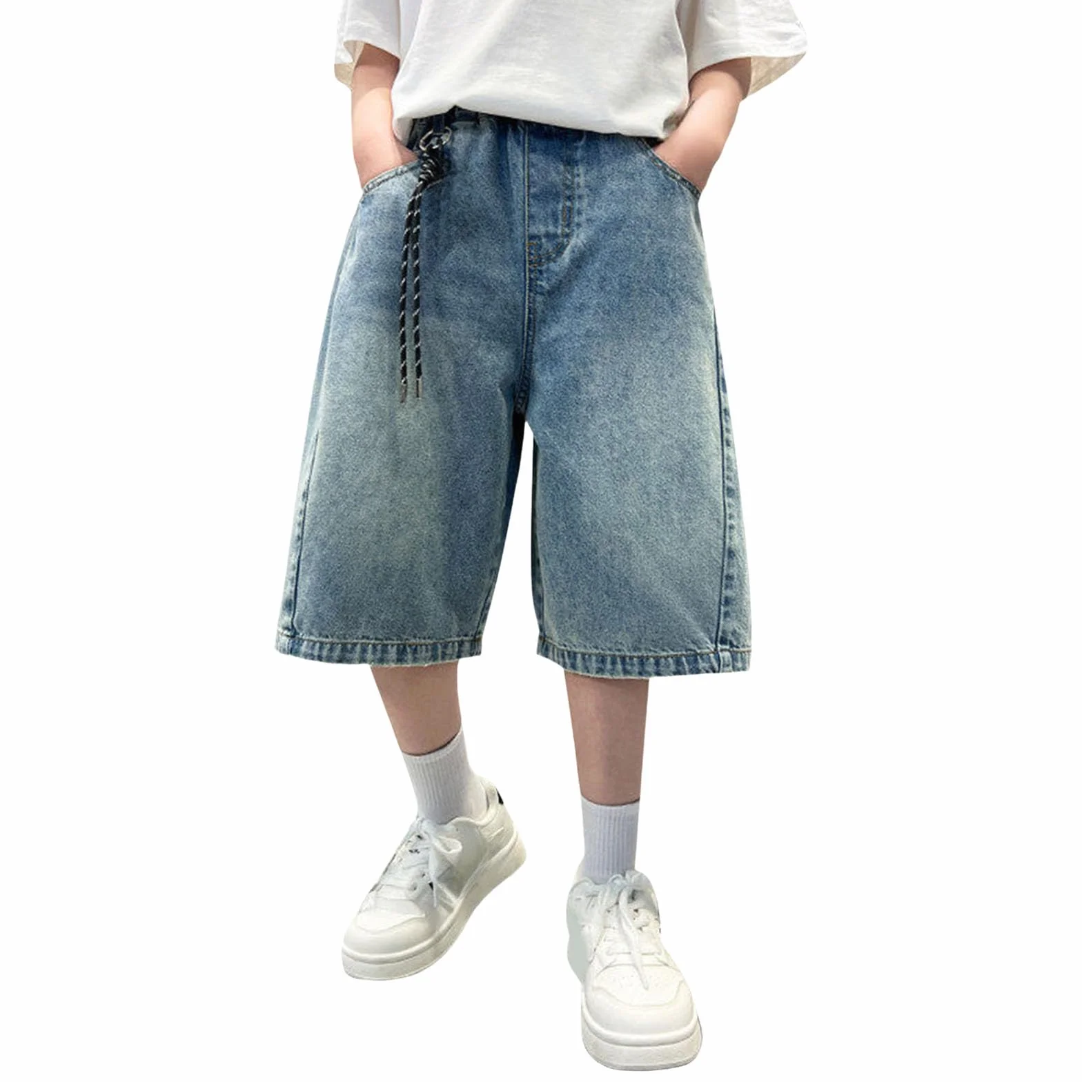 Jogging Baggy Pantalon Sport Court Solide Ample Respirant Cargo Ado Garcon Taille élastique Longueur Genou Jambe Large Streetwear
