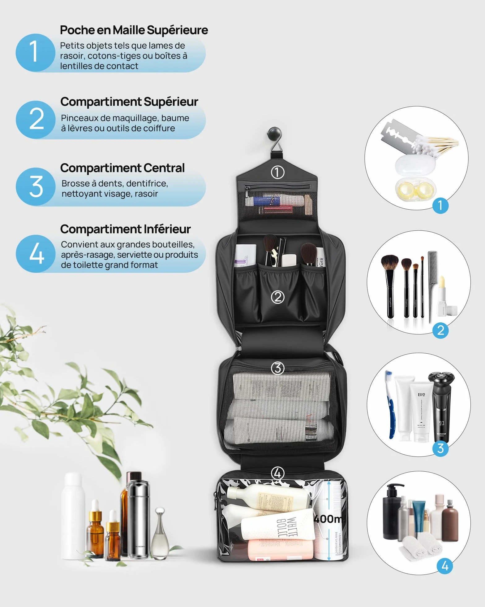 Trousse de Toilette Voyage Imperméable Suspendu Noir