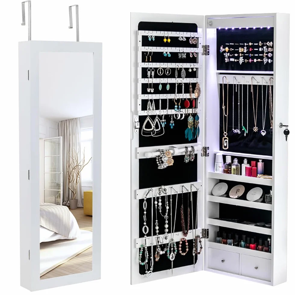 LEADZM Armoire à Bijoux avec Miroir, Meuble de Rangement Mural, Organisateur Verrouillable, Blanc Boisé