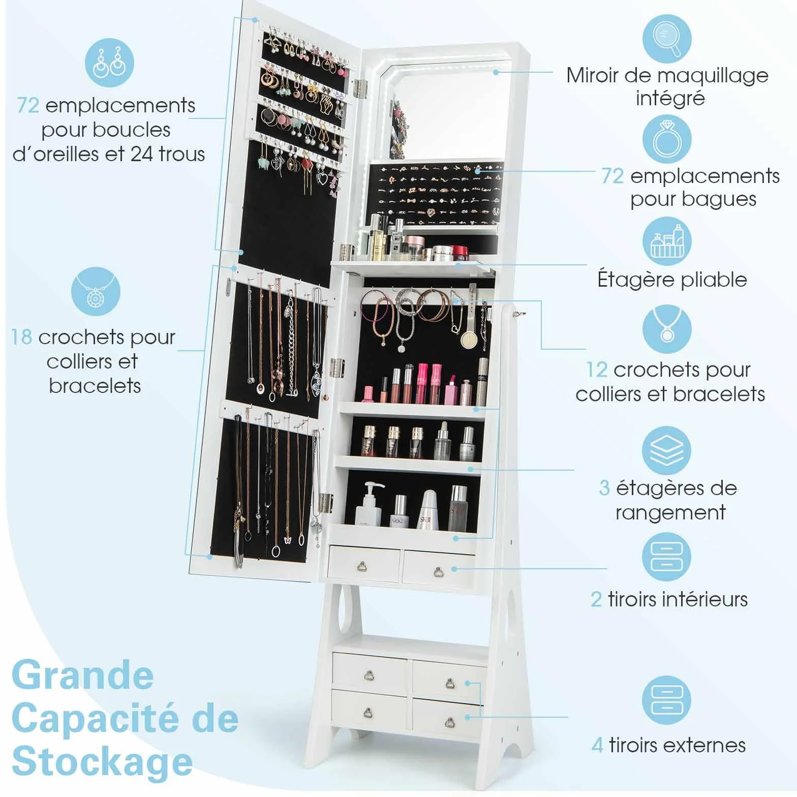 COSTWAY Armoire à Bijoux avec Miroir Pleine Longueur, Lumières LED Intégrées, Étagère de Maquillage Pliable, Blanc
