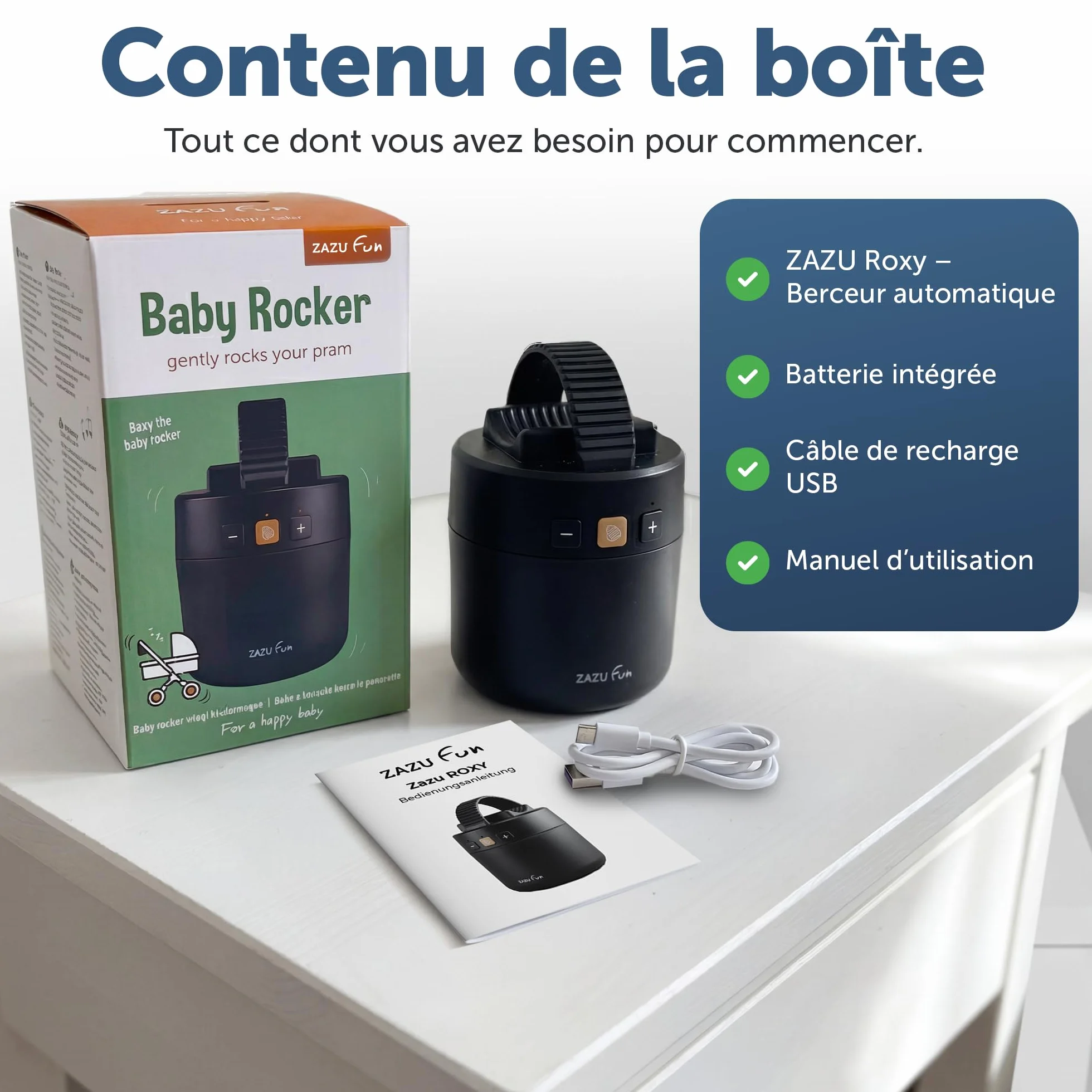 ZAZU Roxy Baby Rocker – Balançoire électrique avec capteur de pleurs, arrêt automatique 40 min, rechargeable USB