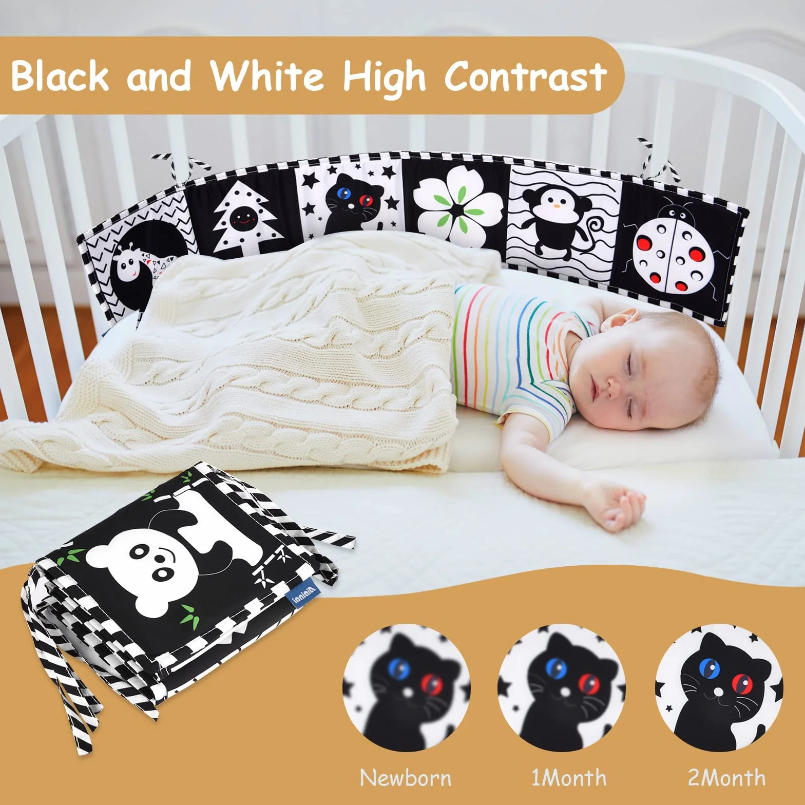 Livre d'Éveil Double Face en Tissu Vicloon pour Bébé Noir et Blanc Pliable 6-12 Mois