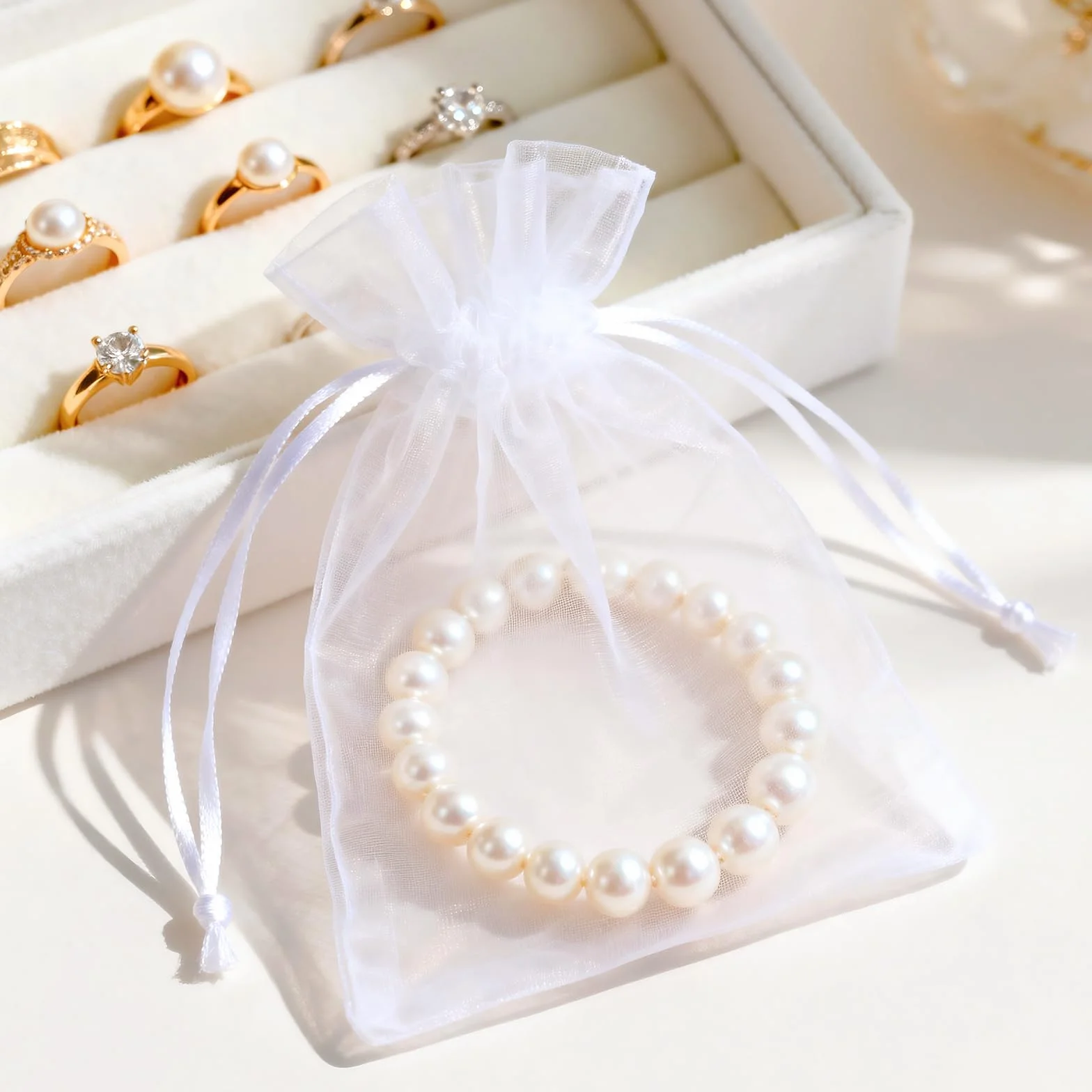 Sacs Organza 100PCS Pochettes Cadeau en Organza Sac à Bijoux 10x15cm Blanc