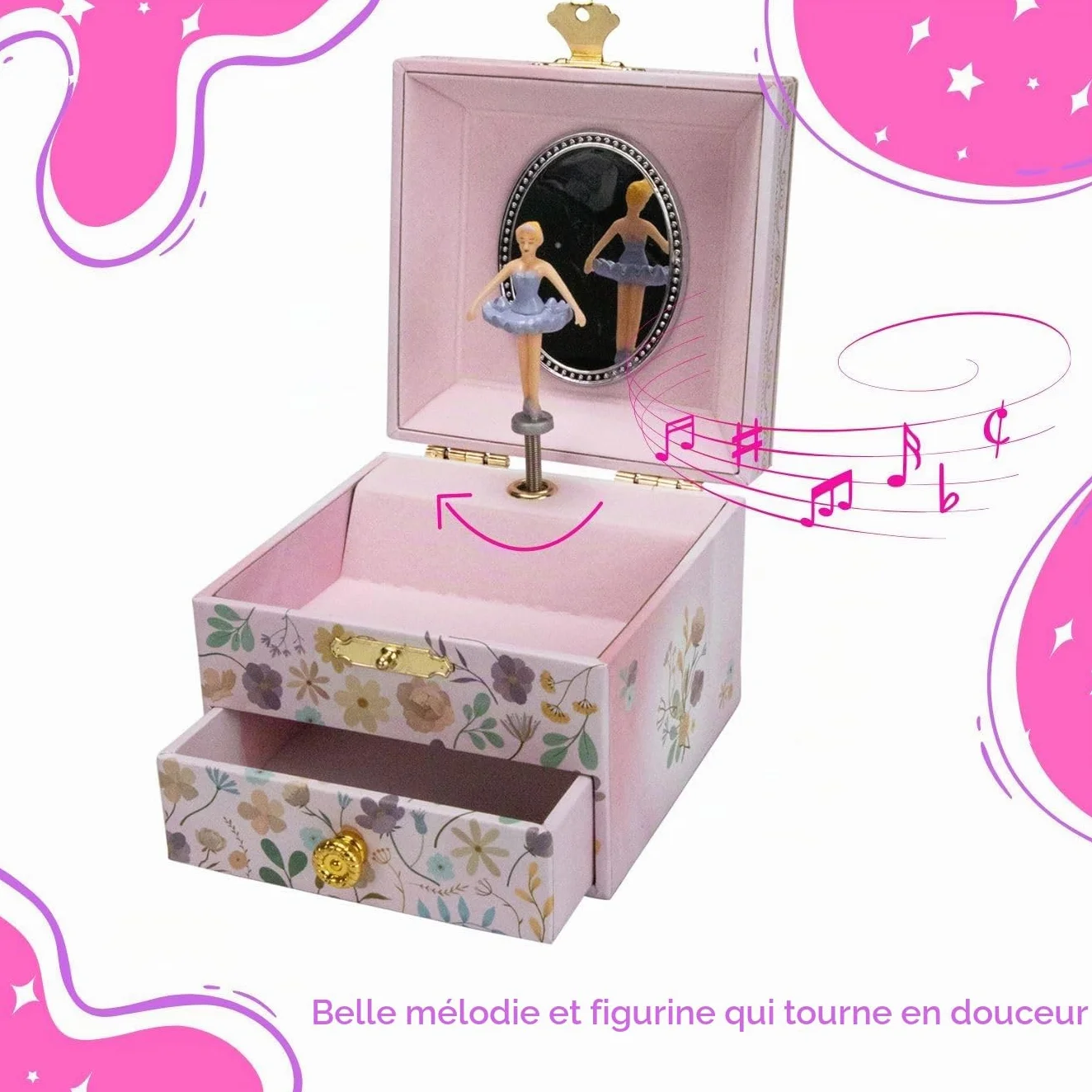 GICO Boîte à bijoux Ballerine avec tiroir pour filles, boîte à musique avec figurine tournante et miroir