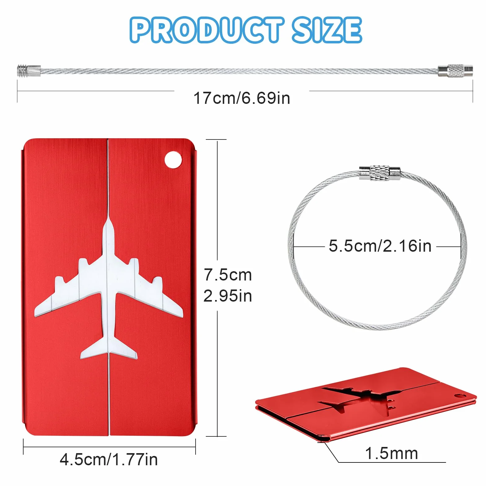 Etiquette Valise Aluminium Cordon Inox Carte PVC étanche 7,5x4,5cm 5 Couleurs Bleu Noir Rouge