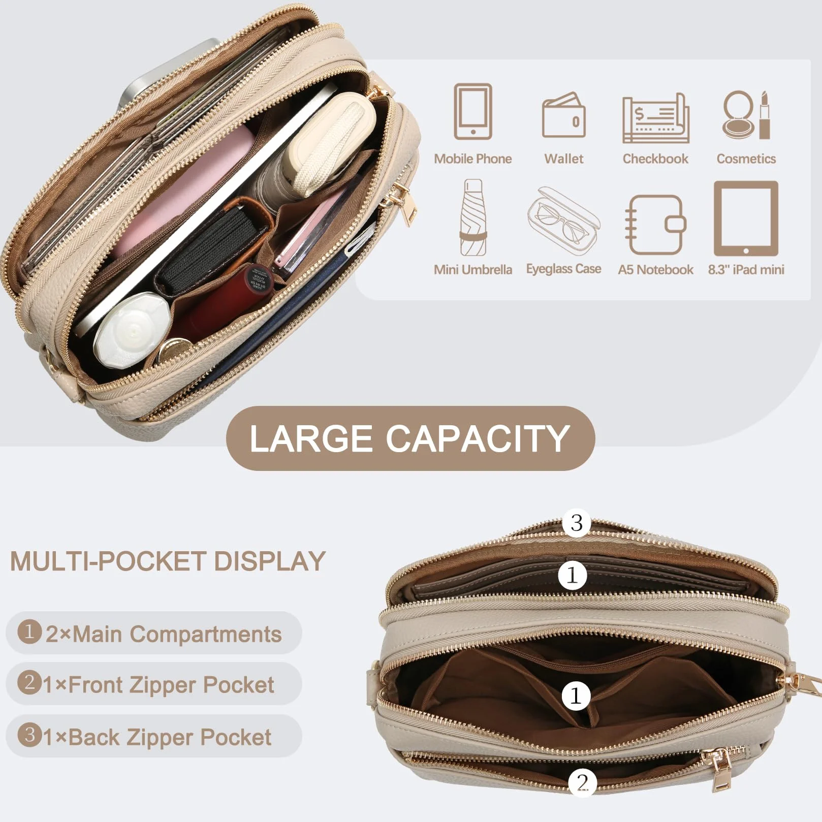 Sac à Main Femme Bandoulière Antivol RFID 4 Compartiments Sangle Réglable Amovible