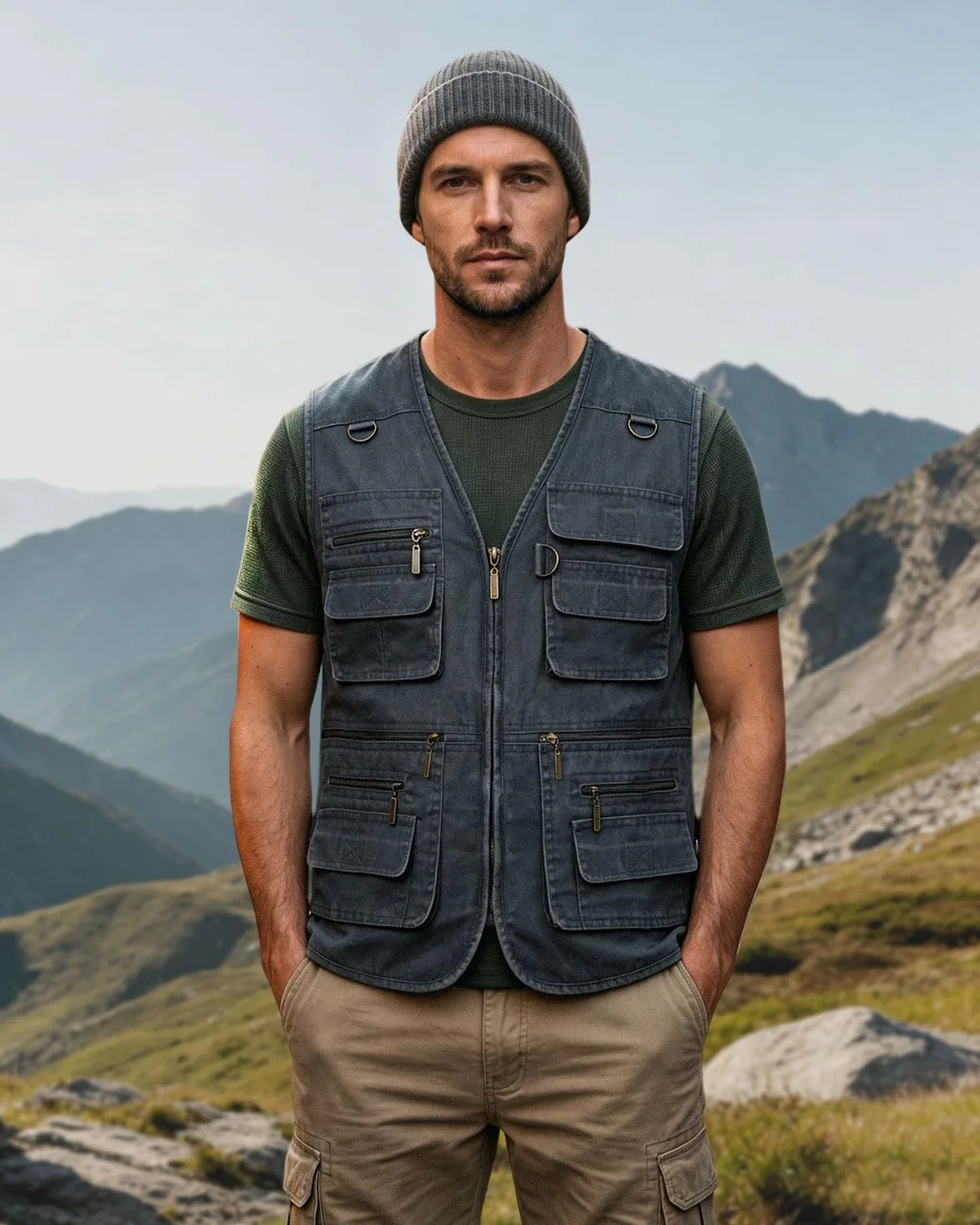 Gilet de Pêche Multi-Poches Veste sans Manches pour Photographe Chasse Plein Air