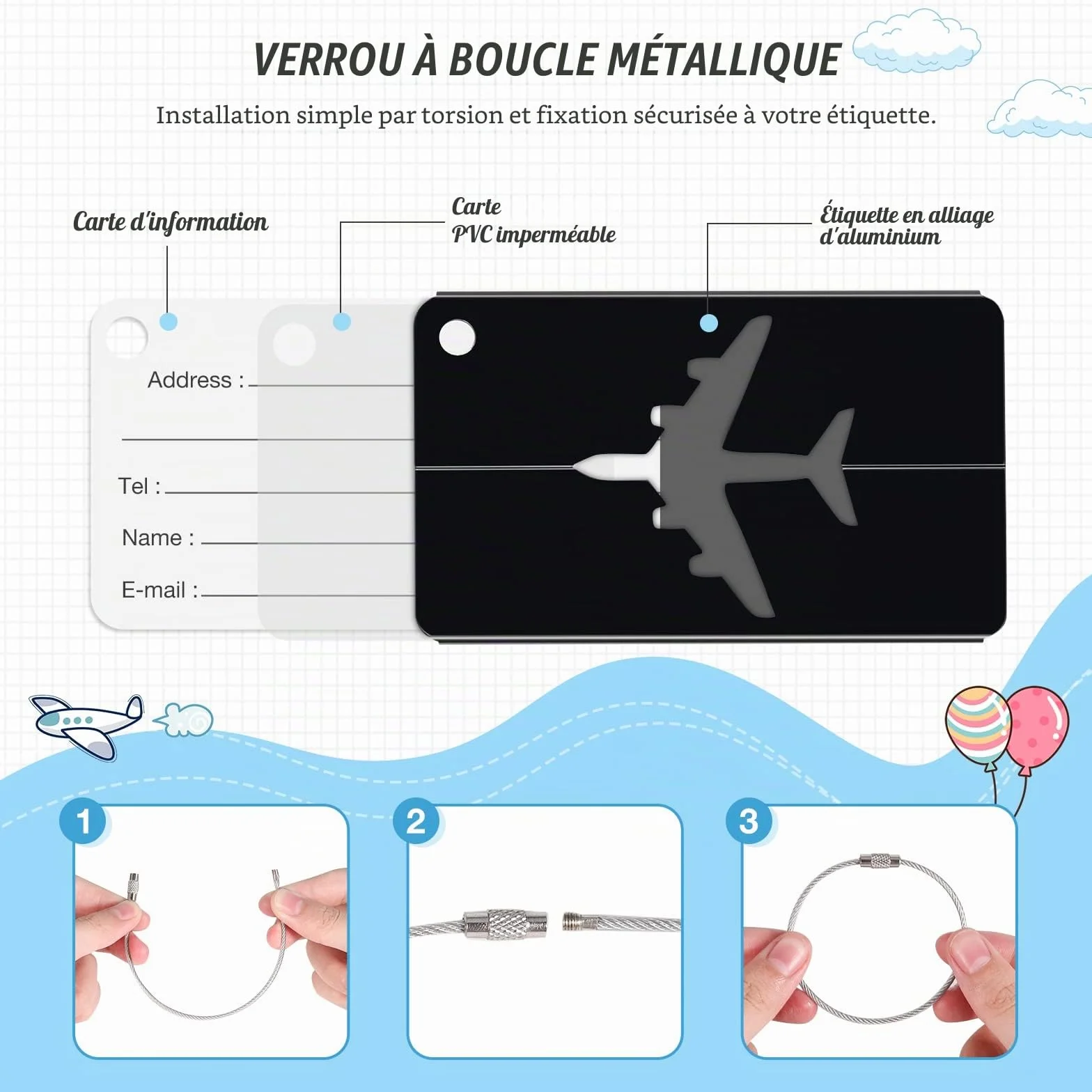 Yizhet Étiquette Bagage 6 Pièce en Alliage d'Aluminium avec Cordes en Acier Inoxydable et Carte PVC étanche