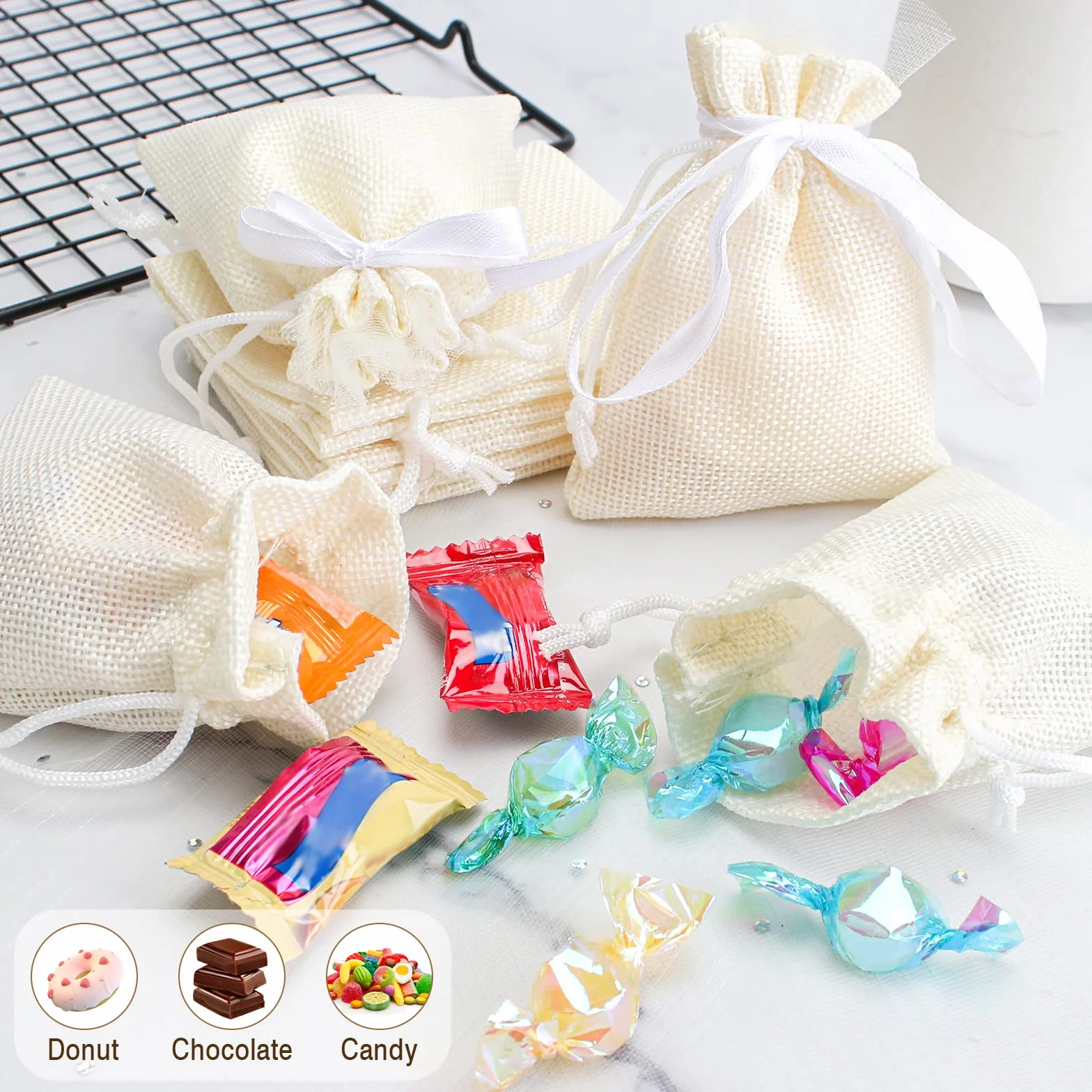 Sacs en Jute 30 Pcs Sachets avec Cordon Sac à Bijoux Organza Ruban Décoratif