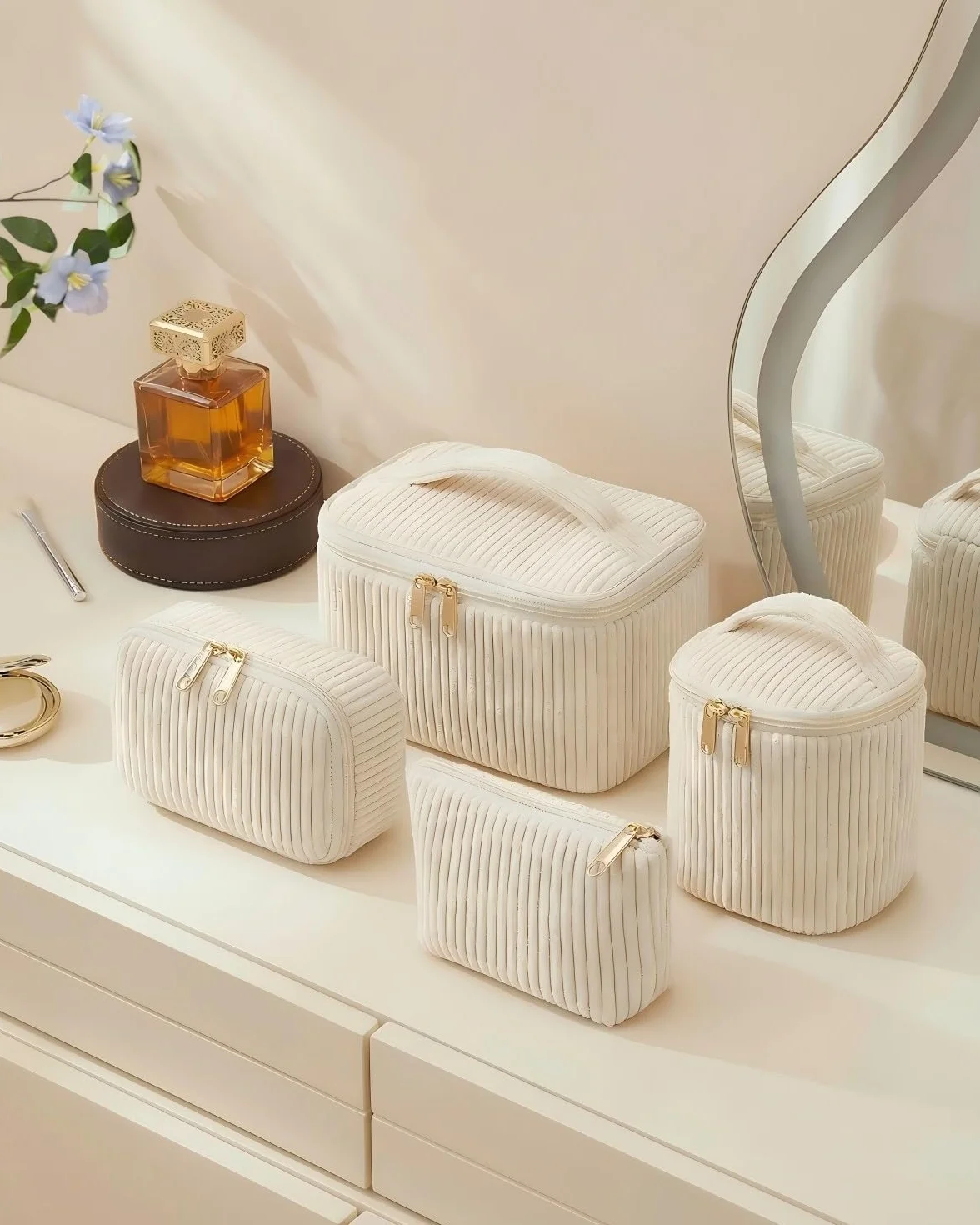Lot de 4 Trousses de Toilette Femme en Velours Côtelé, Trousse Maquillage avec Poignée, Grande Moyenne Petite Mini, Beige