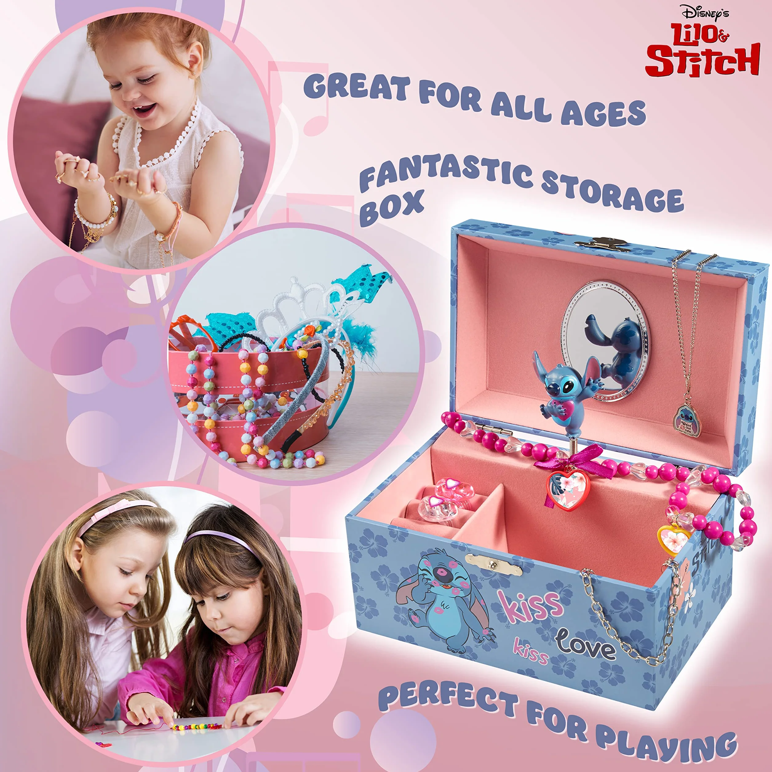 Disney Stitch Boîte à Bijoux Musicale pour Fille, Boite Souvenir à Remontoir Personnage Tournant, Rangement Bague, Déco Chambre, Cadeau Fille ou Ado (Bleu Stitch)