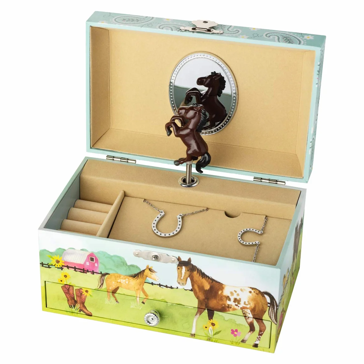 Jewelkeeper Boîte à Musique Cheval à l'Écurie & Parure assortie pour filles - 3 Cadeaux