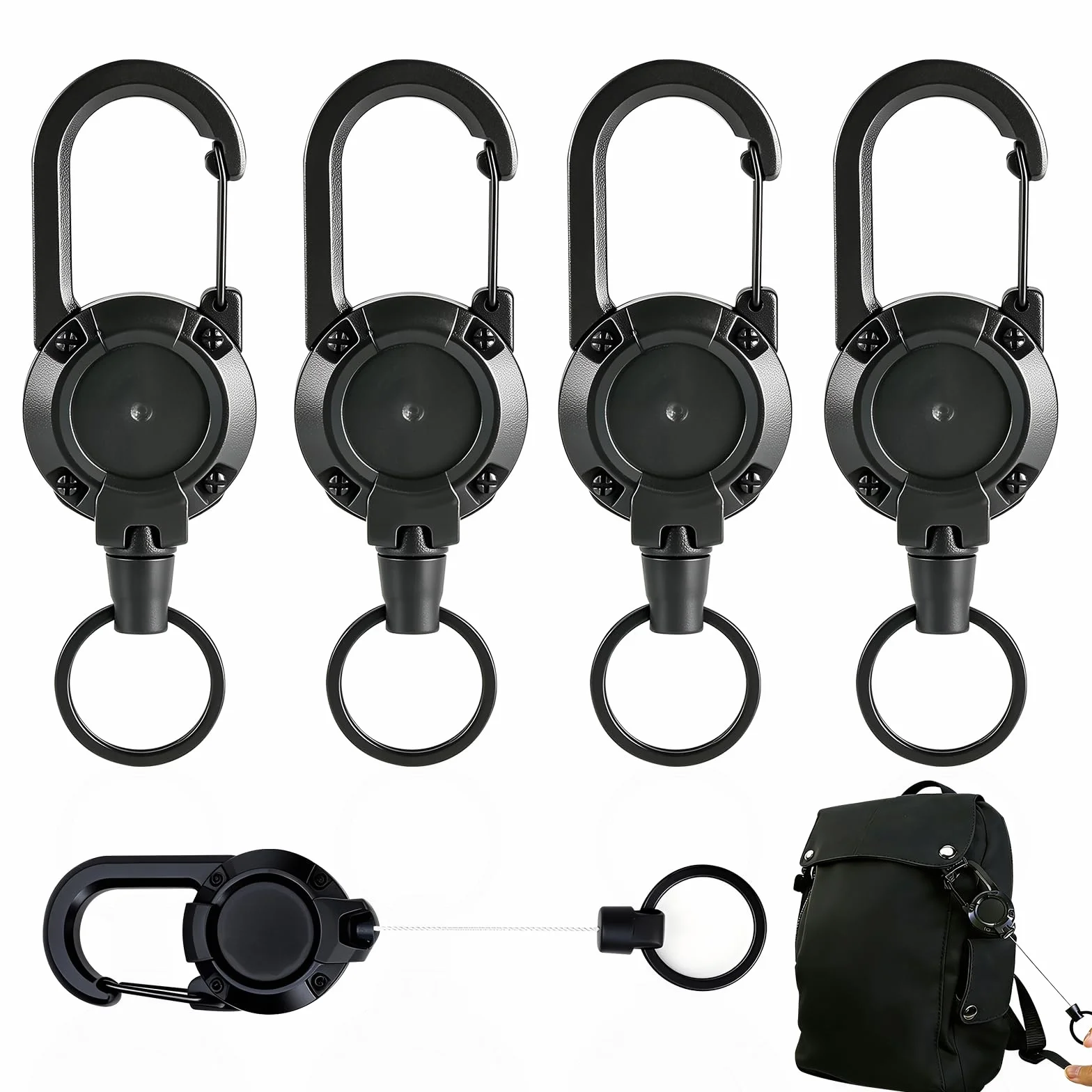Lot de 4 porte-clés rétractables extensibles avec cordon en acier 60 cm, mousqueton robuste pour porte-badge