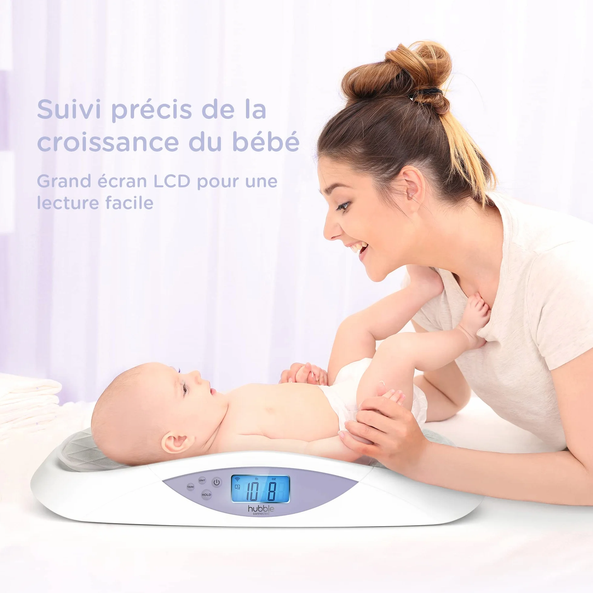 Hubble Connected Grow Pèse-bébé Bluetooth intelligent avec écran LCD, suivi du poids, matelas à langer doux, technologie 4 capteurs