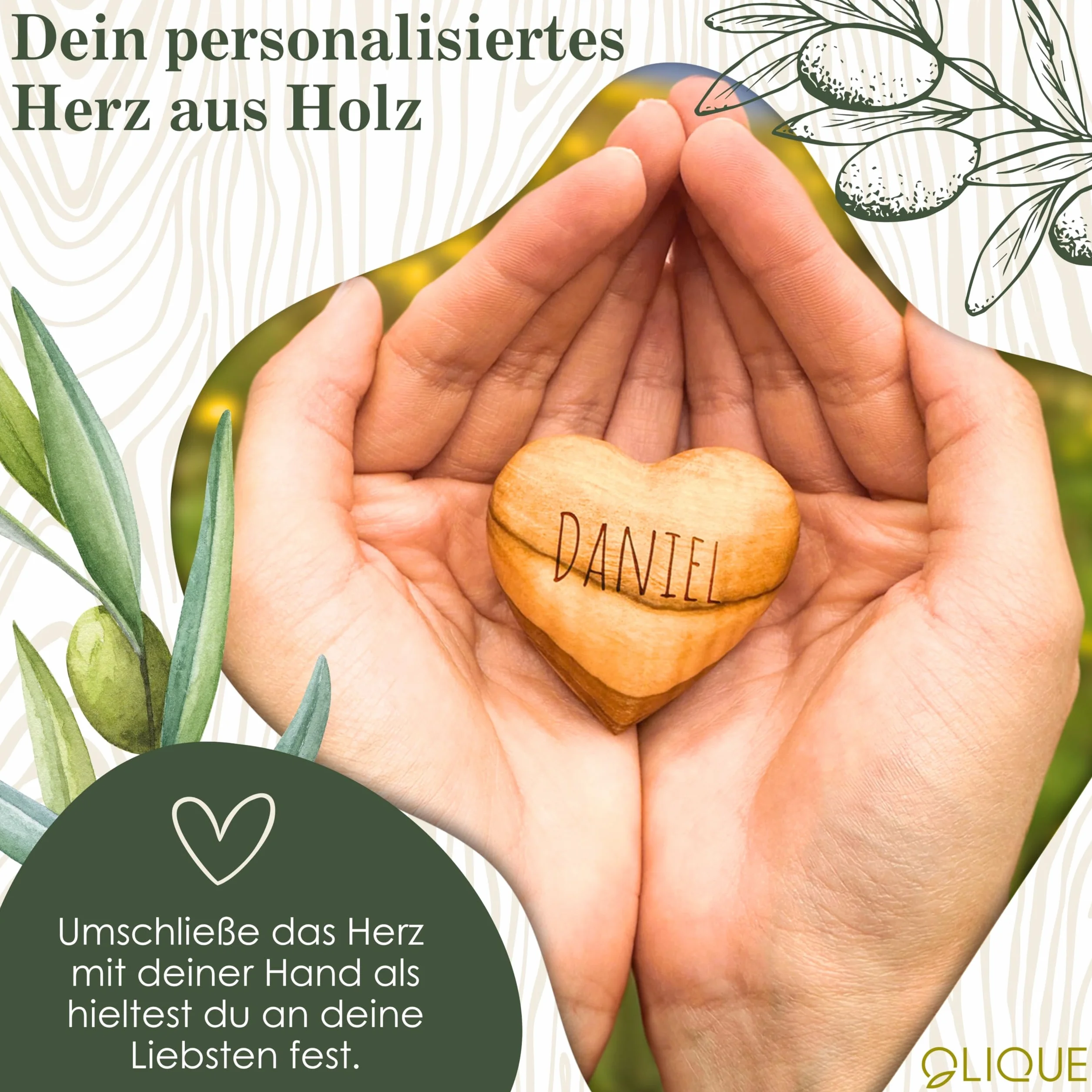 Cœur en Bois d'Olivier Pierre de Préoccupation Faite à la Main Cadeau Naissance Baptême Communion Confirmation