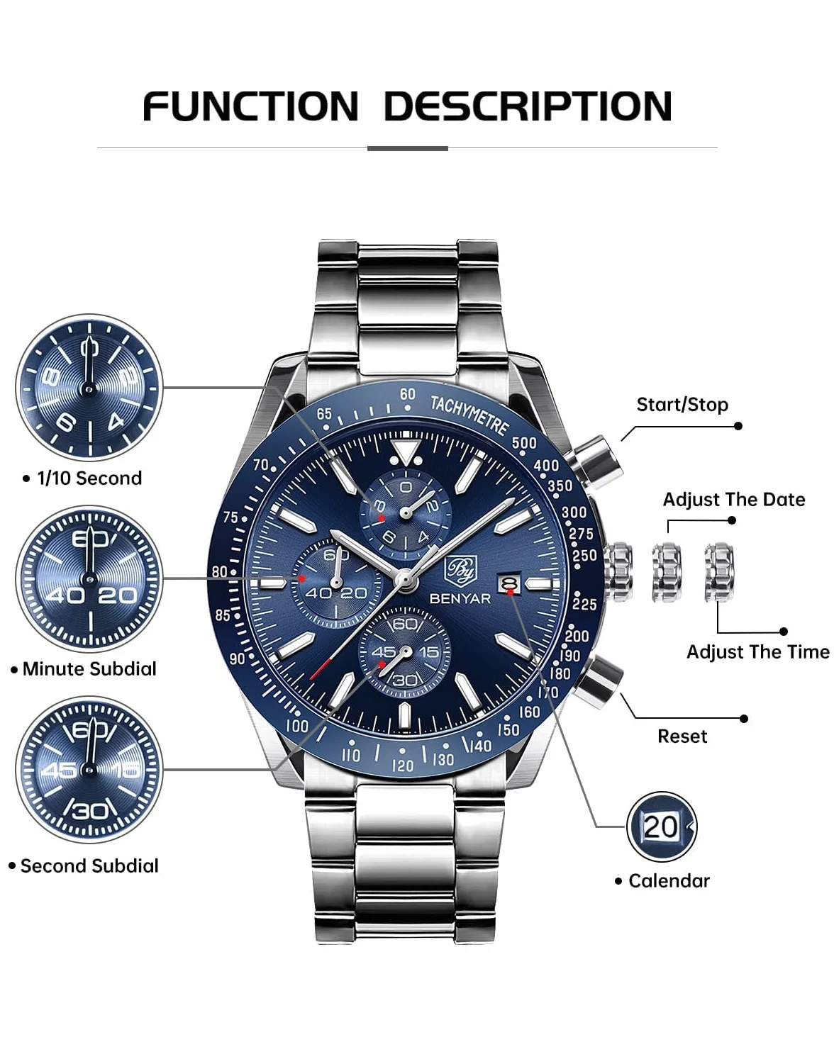 BENYAR Montre Homme Chronographe Analogique Quartz Etanche Date Grand Cadran Classique
