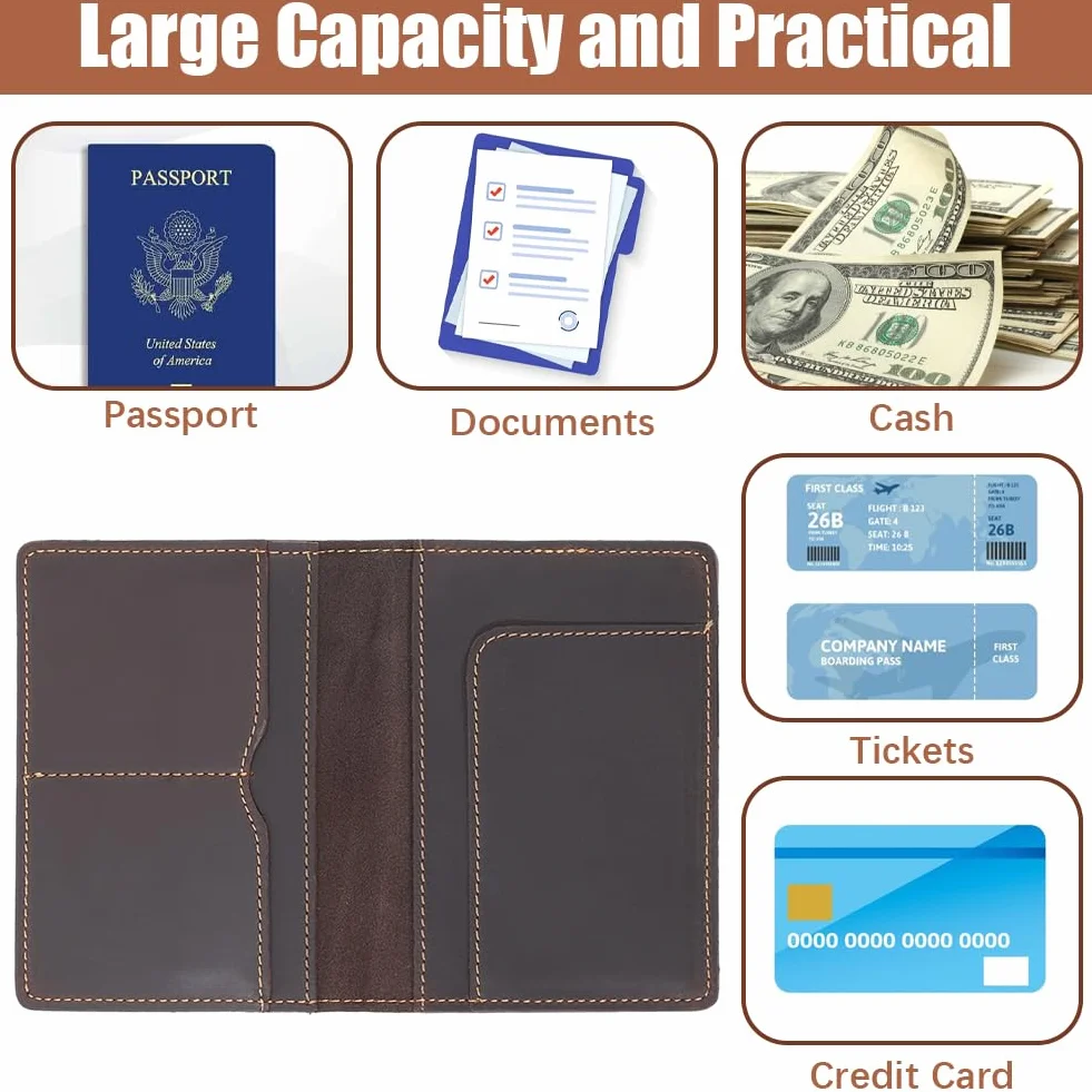 Étui de Passeport en Cuir de Vachette Véritable avec Protection RFID Portefeuille de Voyage