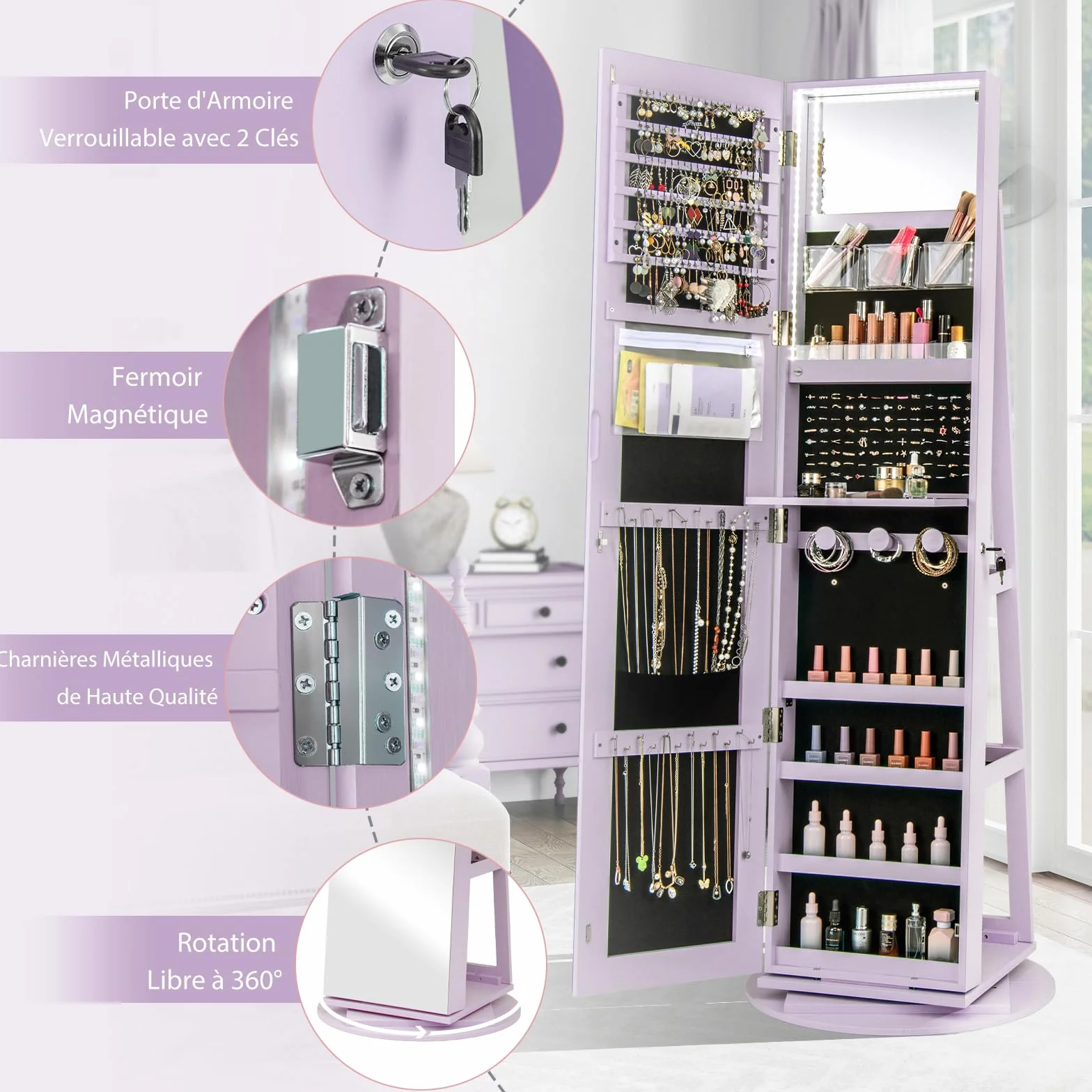 COSTWAY Armoire à Bijoux Pivotante 360° avec Miroir Pleine Longueur et Lumières LED 3 Couleurs, Style Nordique Violet