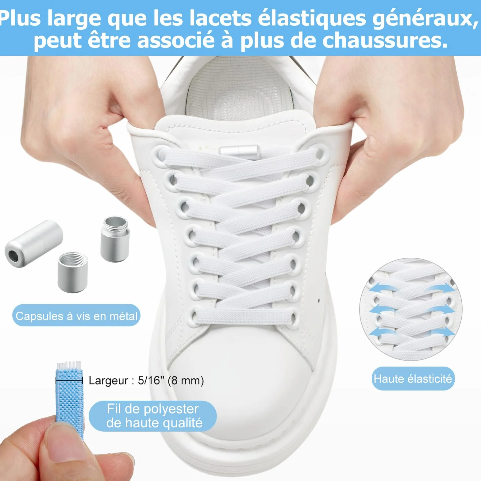 Lacets Élastiques Plats sans Noeud pour Chaussures Enfants Adultes Baskets - 2 Paires