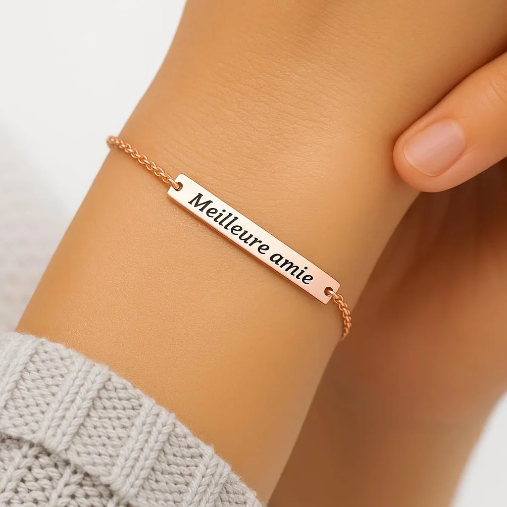Bracelet personnalisable en acier inoxydable femme – Gourmette fine gravée recto verso – Acier, or jaune ou or rose – Chaîne 15+5 cm