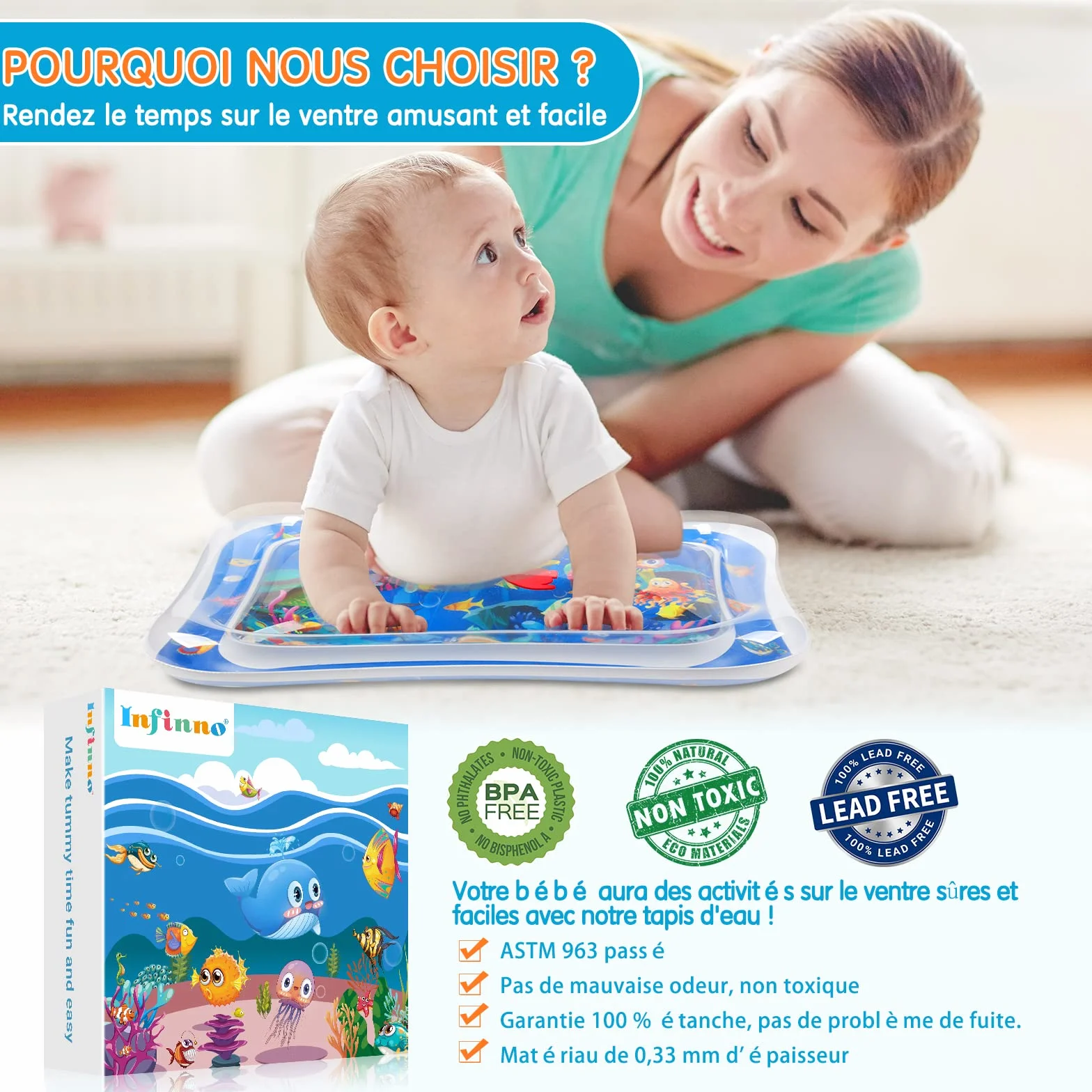 Infinno Gonflable Tummy Time Mat Tapis de jeu d'eau pour bébé 3 6 9 mois