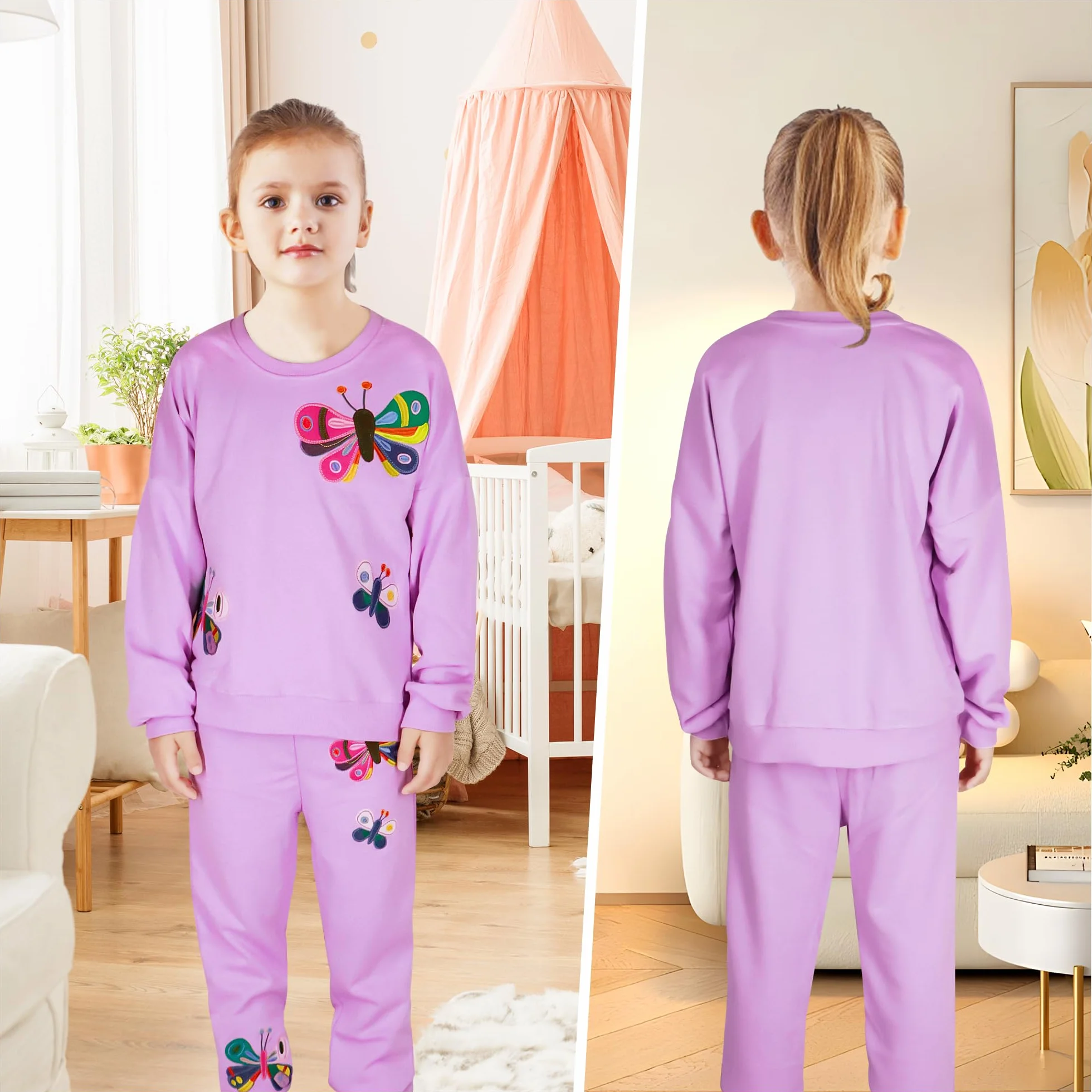 Survêtement Fille Enfant Jogging Ensemble Sport Coton Chaud Manches Longues Pull Imprimé Sweat Pantalon Poche 2-7 ans
