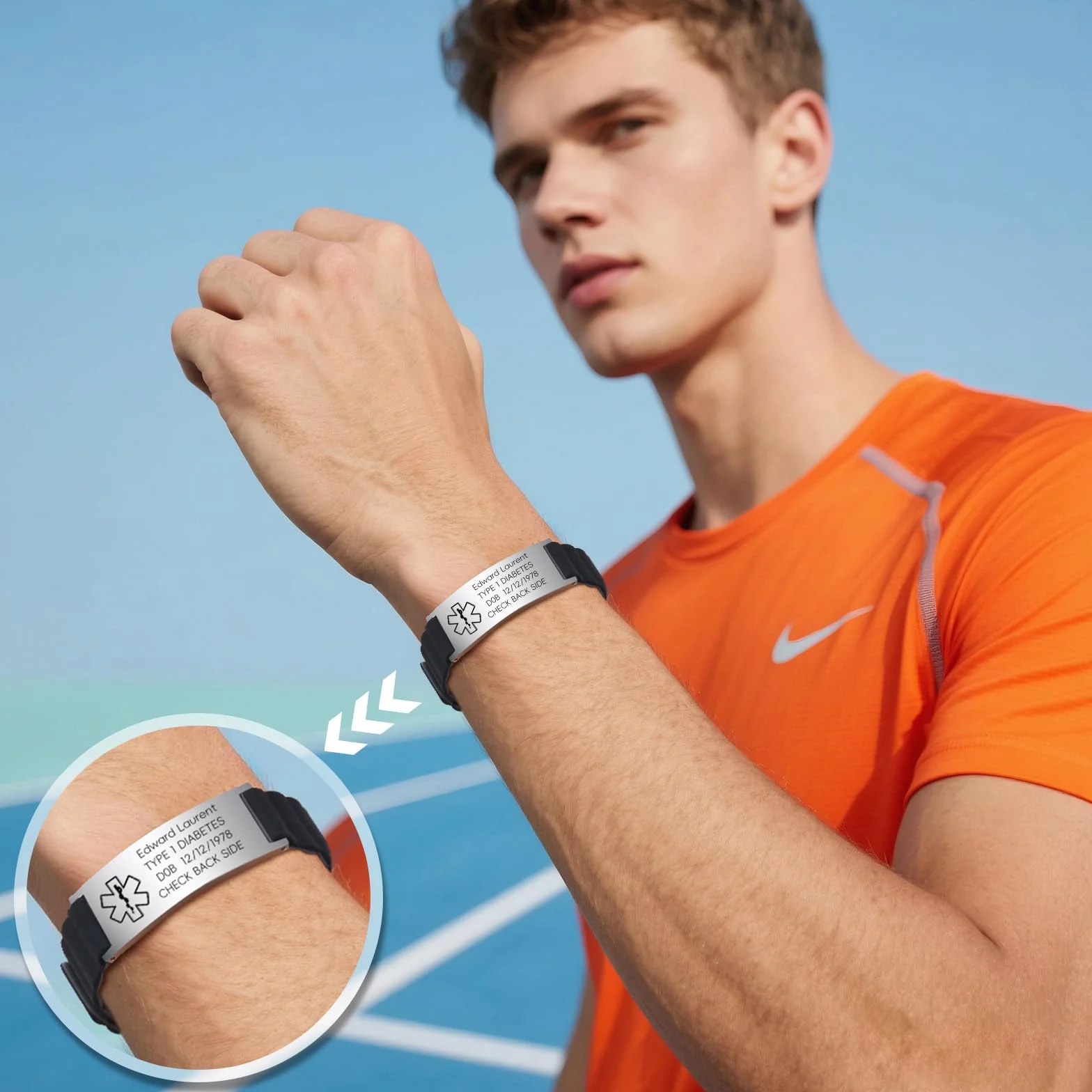 Gamtic Bracelet Médical Personnalisé Homme Femme - Imperméable Silicone Magnétique Réglable ID Sécurité SOS Sport Fitness