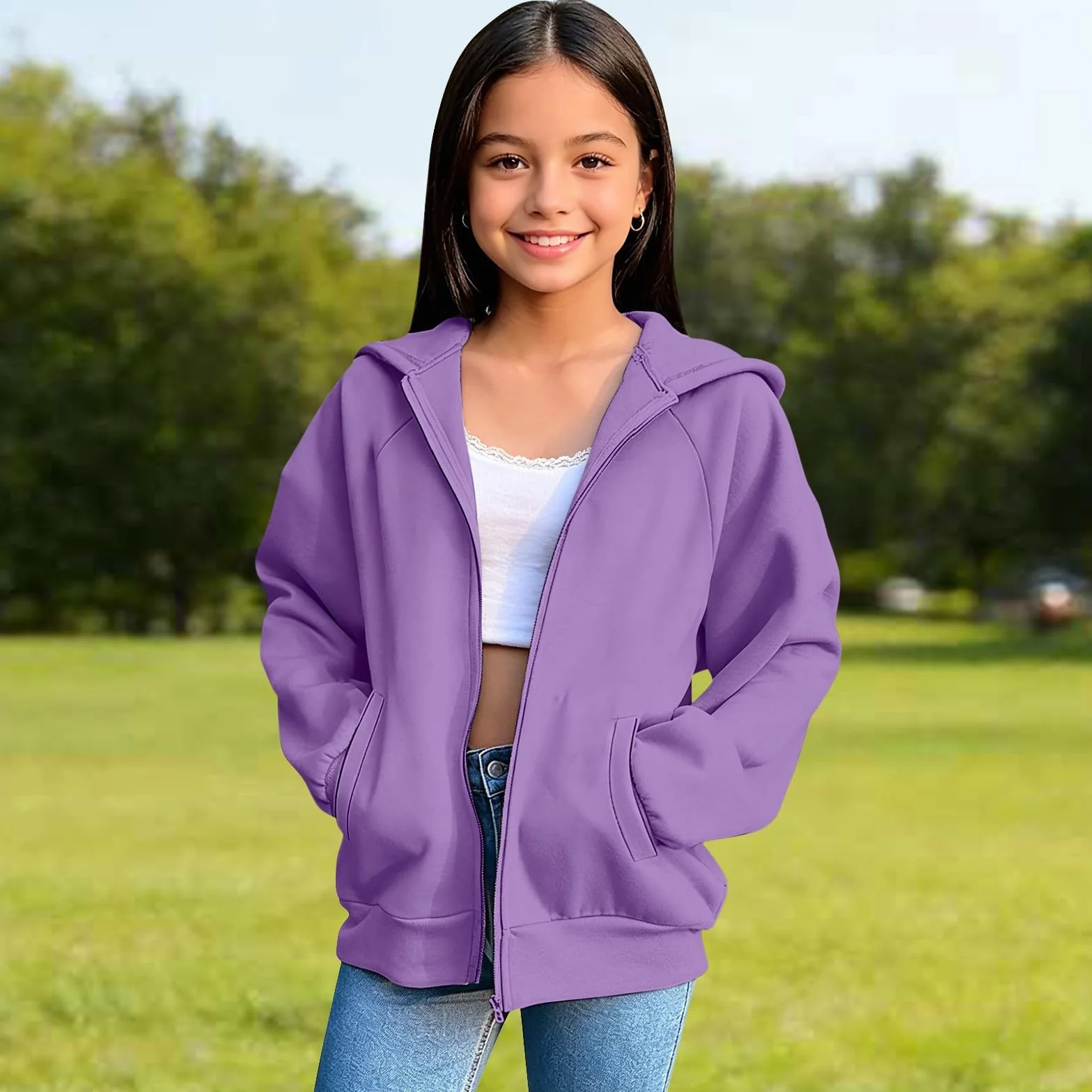 Sweat à capuche zippé pour filles - Veste ample à manches longues - Vêtement d'extérieur décontracté