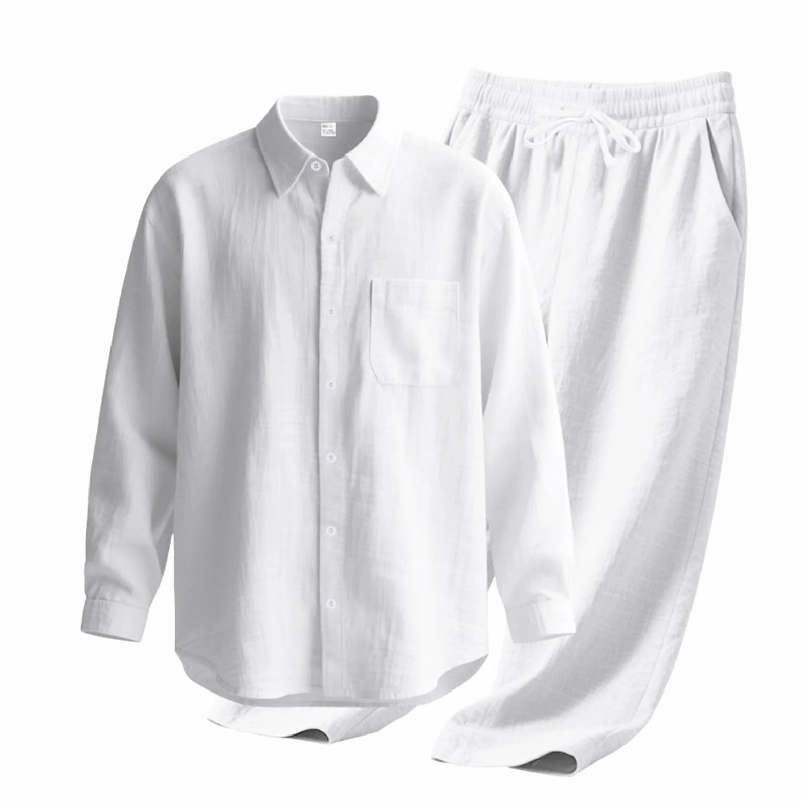Ensemble en Lin 2 Pièce Homme Casual Chemises à Manches Longues et Pantalons Survêtement Jogging Été