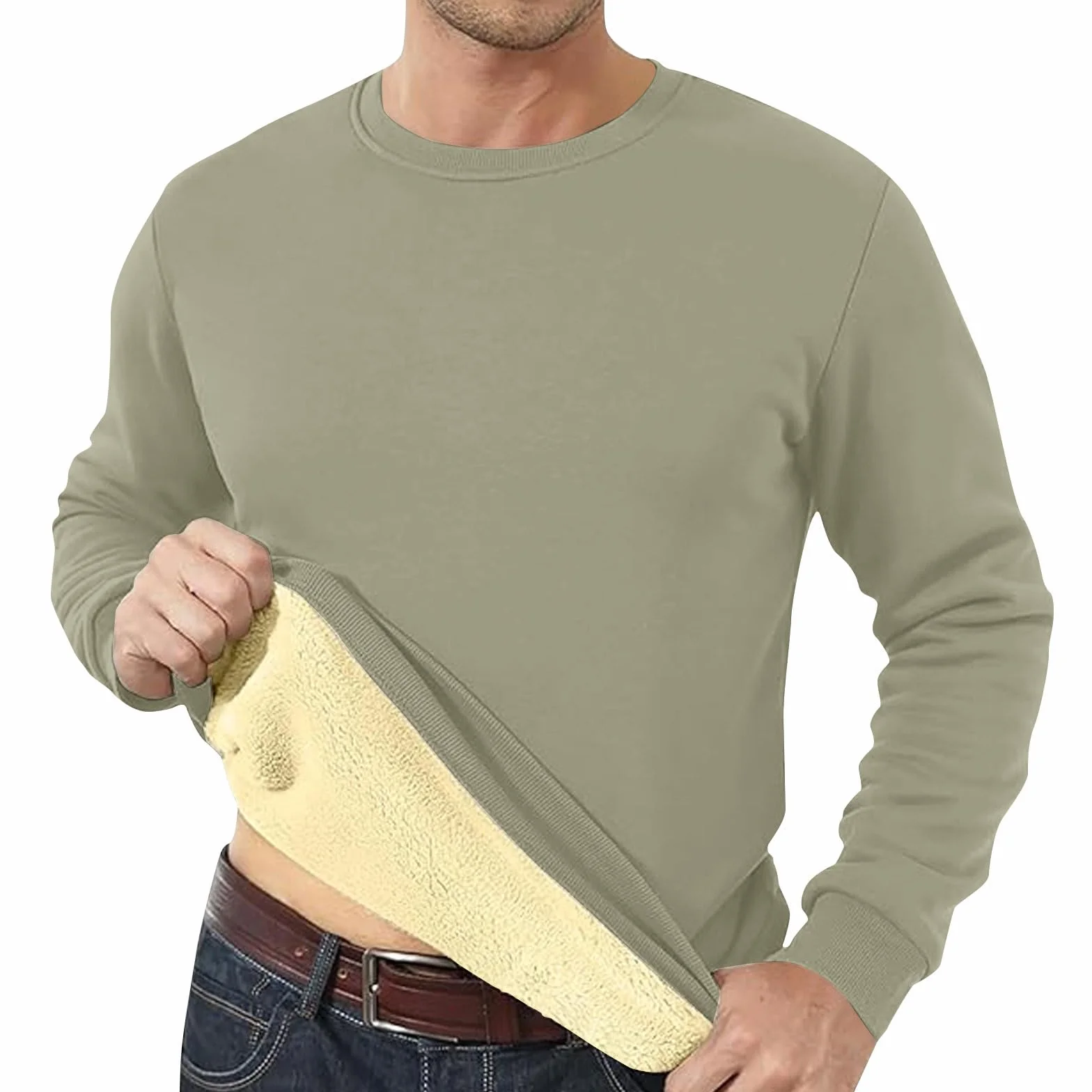 Sweatshirt Polaire Homme Sans Capuche Col Rond Manches Longues Slim Pull Sherpa Grande Taille Chaud Couleur Unie