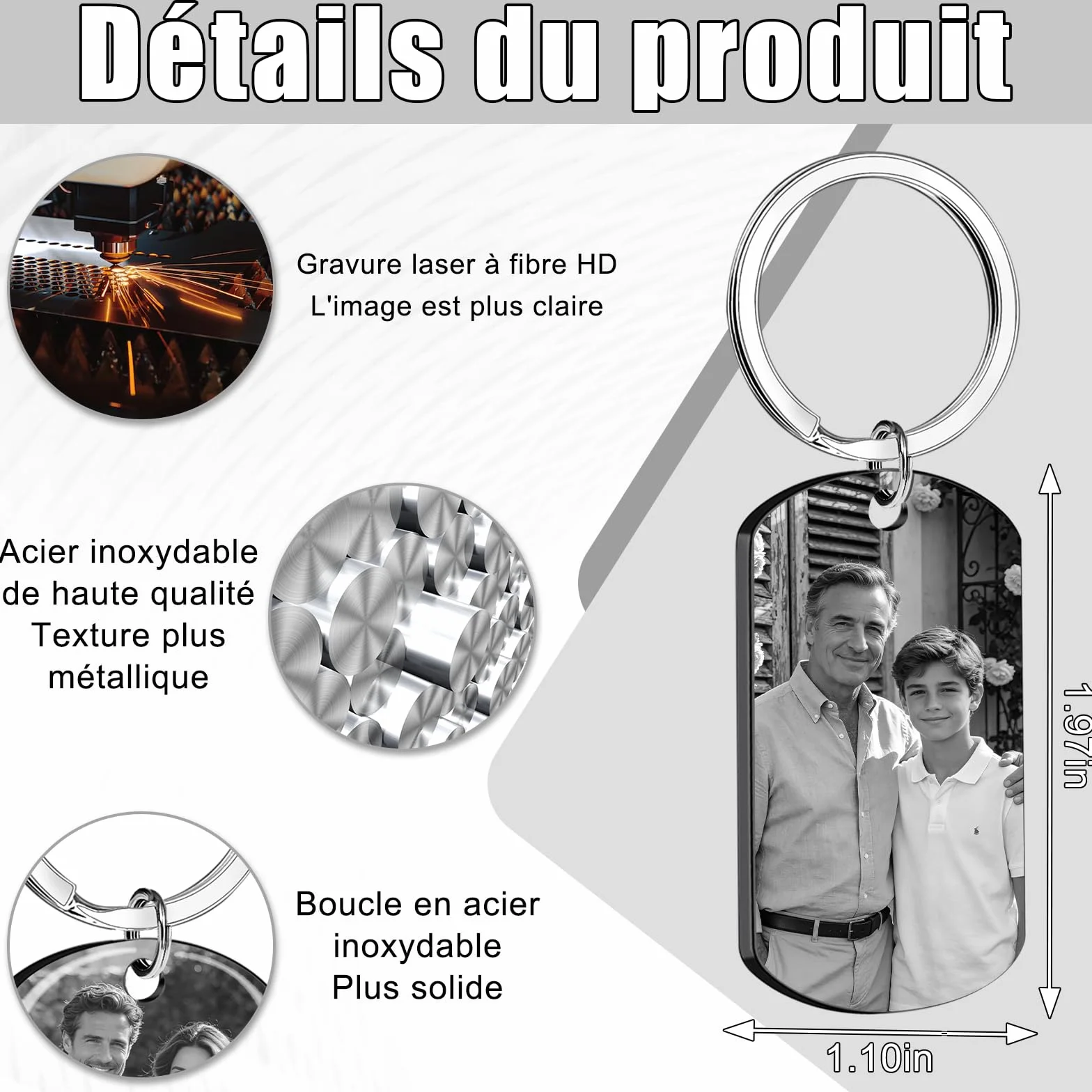 BEXOA Porte Clé Personnalisé Photo Gravure Image Texte Cadeau Fête des Pères