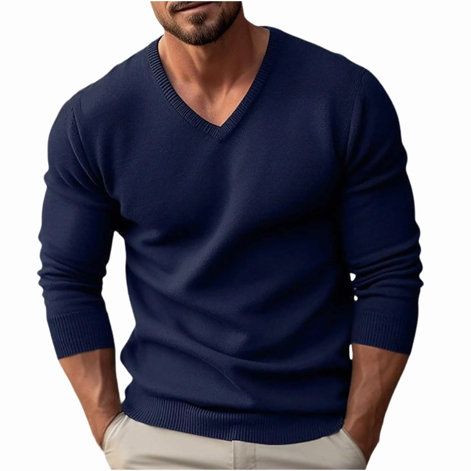 Generisch Pull à col en V pour homme - Coupe ajustée - Tricot à manches longues - Respirant - Léger - Pull d'hiver