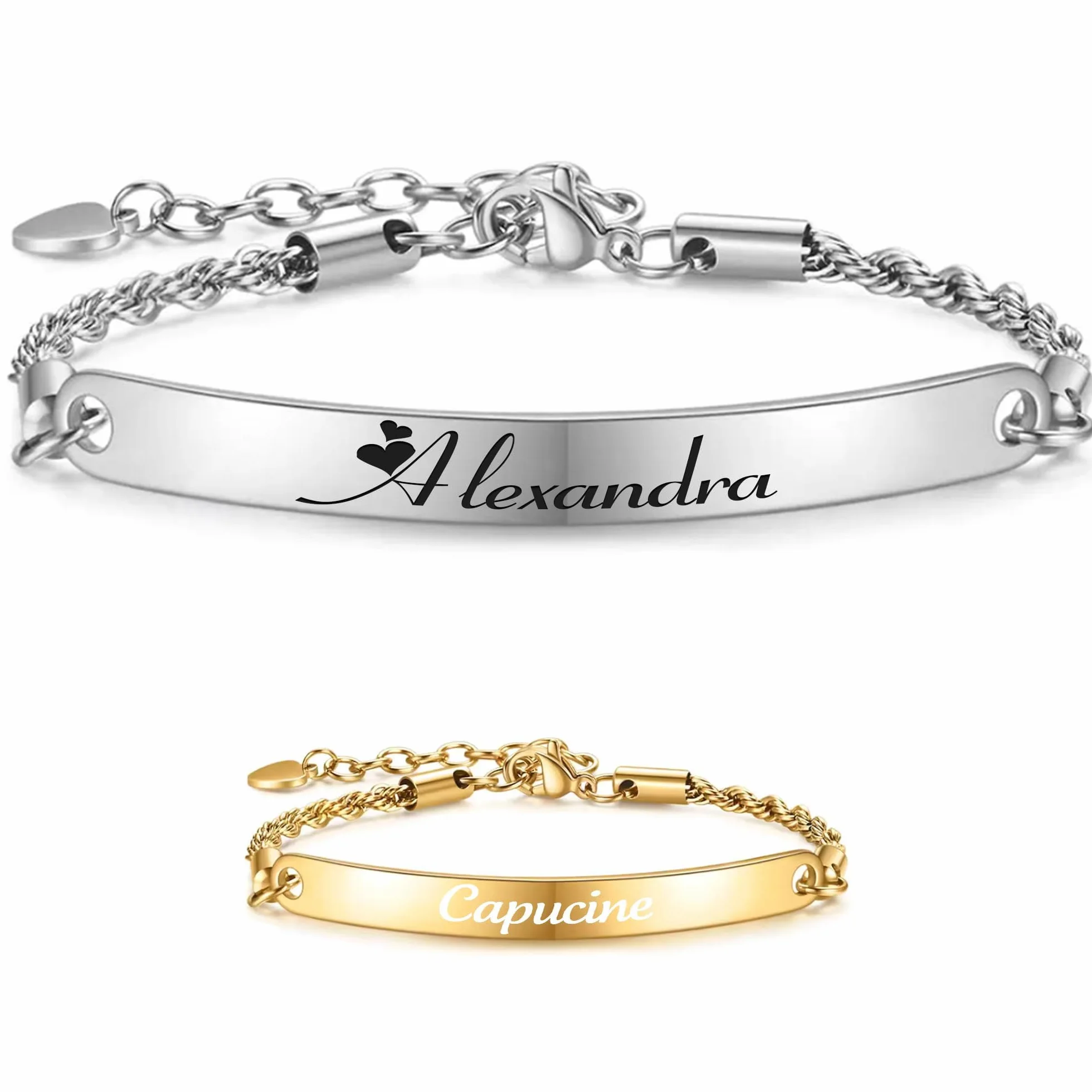 KDO MAGIC Bracelet personnalisé femme Prénom gravé Métal argenté Gourmette torsadé Cadeau fête des Mères