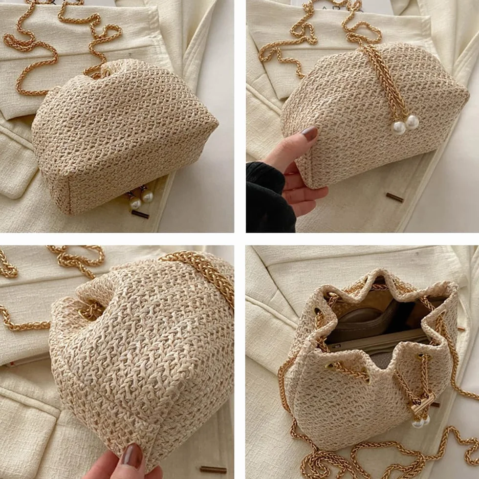 Sac à Main Femme Pochette en Paille Tissée Plage d'Été Sac à Bandoulière Chaîne Métal