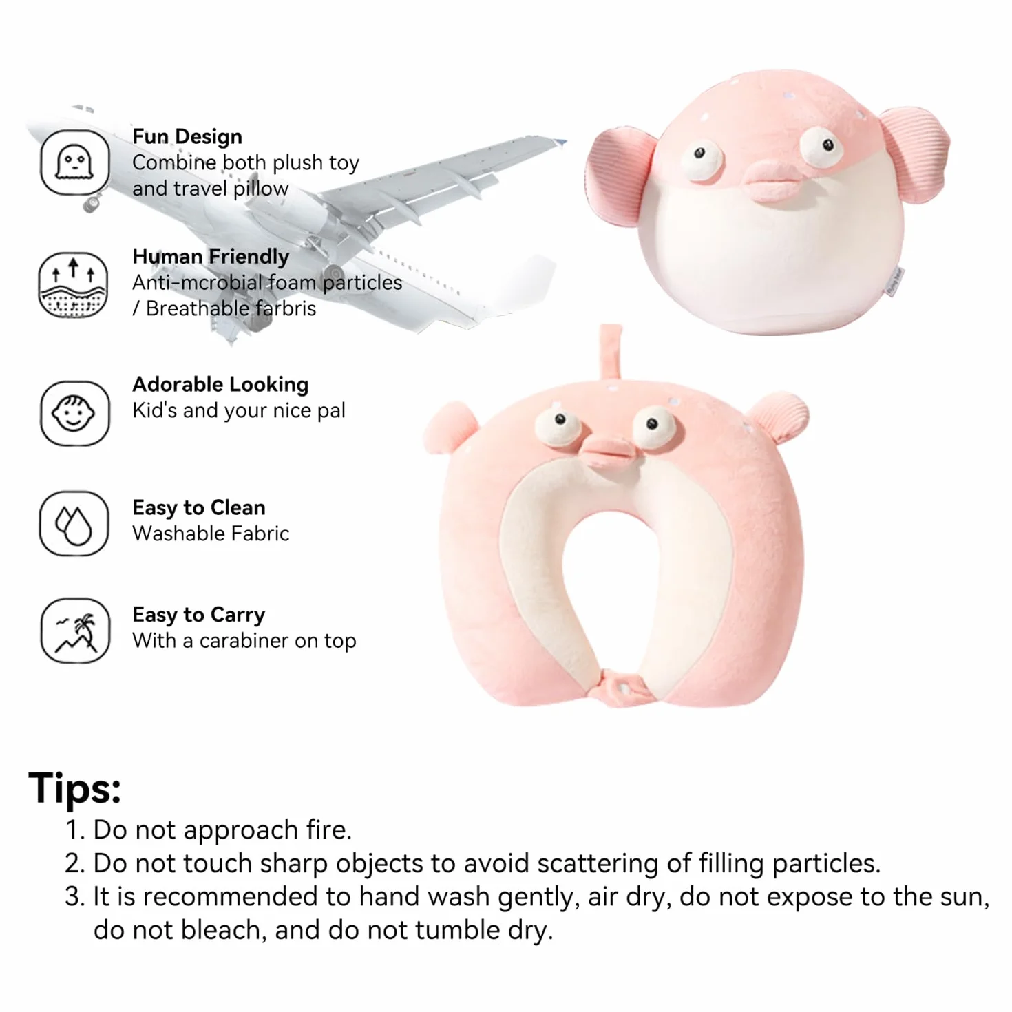 Oreiller de Voyage 2 en 1 Enfant Animal Peluche Oreiller Cervical Forme U Poisson