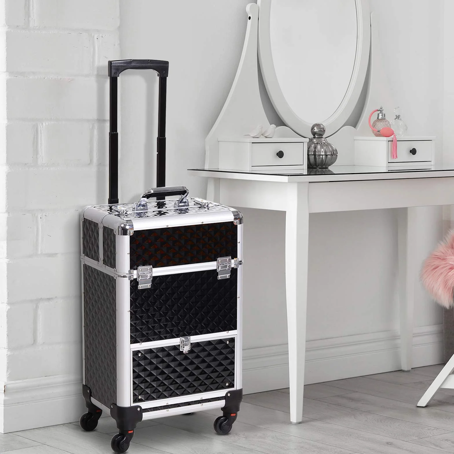 HOMCOM Valise Trolley Maquillage Mallette cosmétique Vanité poignée télescopique 34x25x62 cm alu Noir