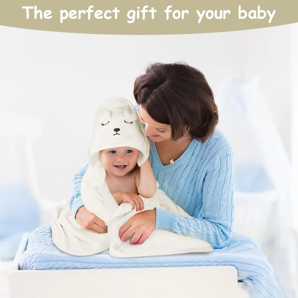 Serviette de Bain Capuche Bébé 80x80 cm Cape de Bain Doux Absorbant Ours Blanc
