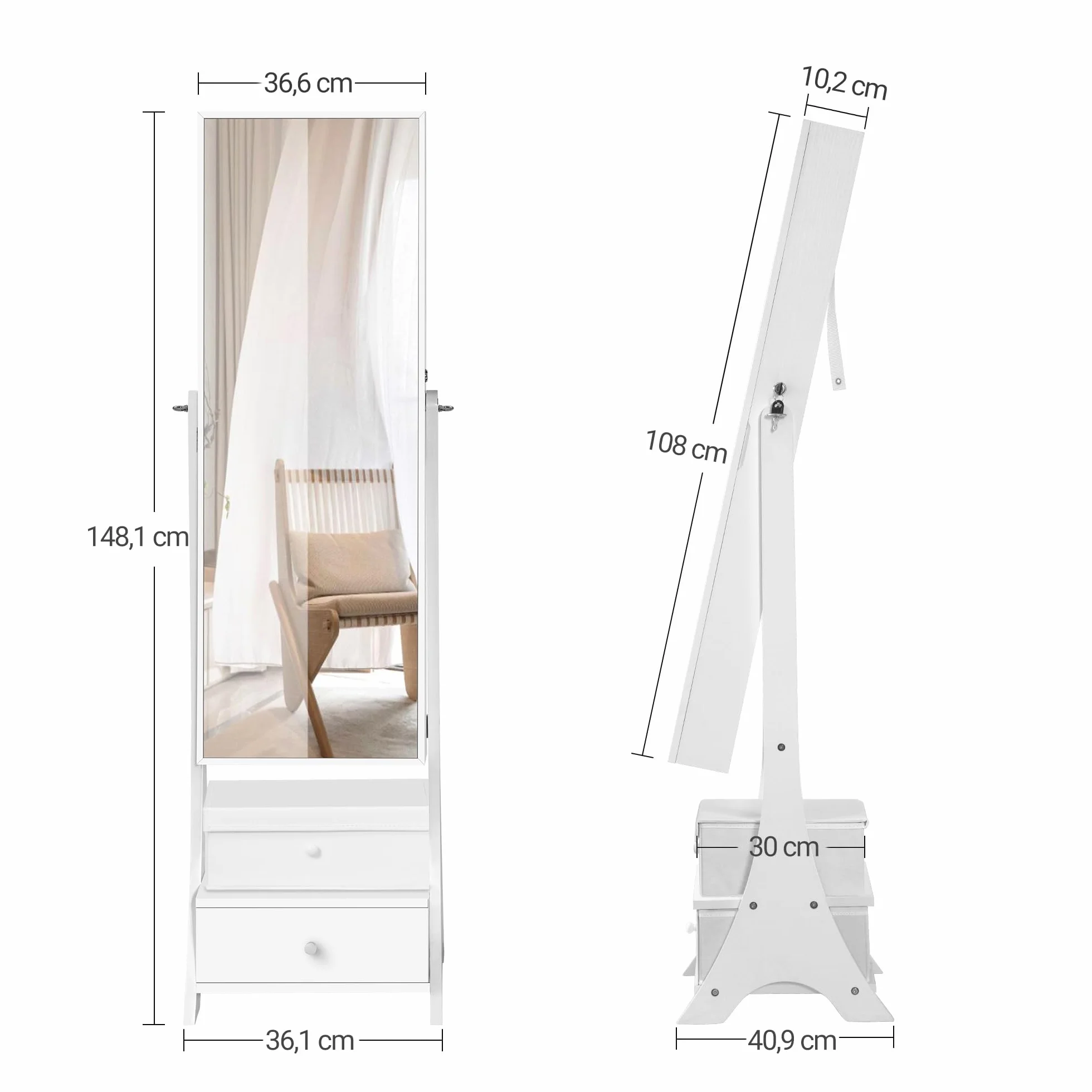 Hzuaneri Armoire à bijoux 108cm avec miroir sans cadre, 8 LEDs, 1 tiroir, 5 étagères, blanc et noir