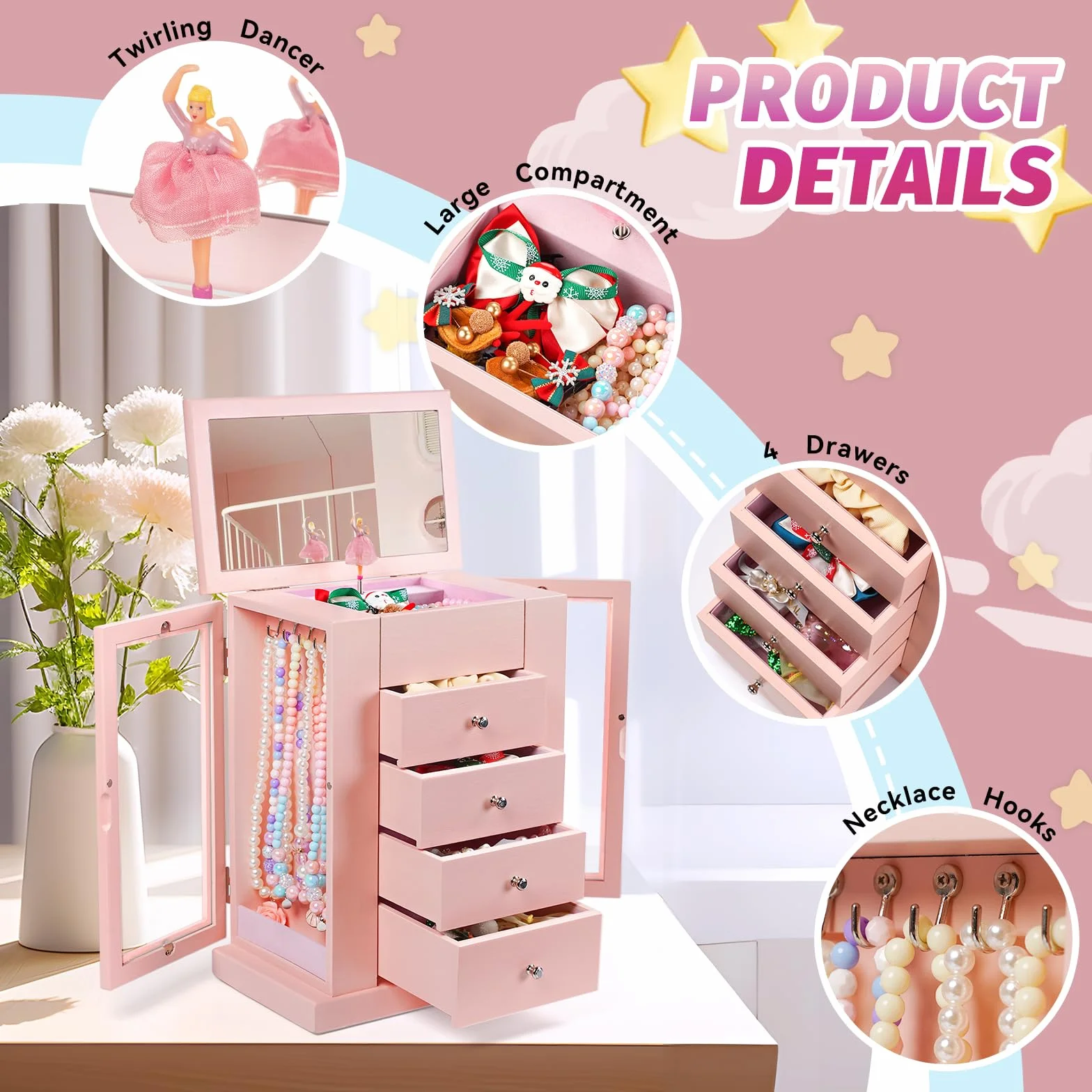 Boite a Bijoux Fille Musicale avec Danseuse en Rotation, 5 Niveaux, Bois, Cadeau Anniversaire (Rosa)