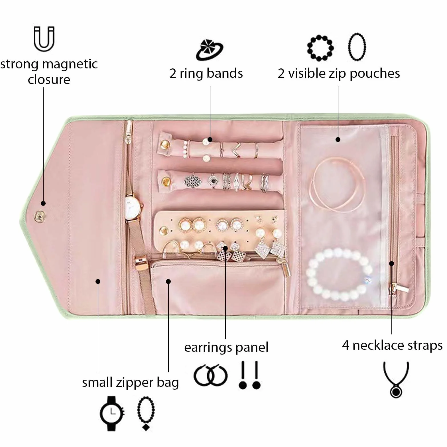 Sac à Bijoux en Rouleau Pochette Voyage Imperméable Organisateur Pliable Vert