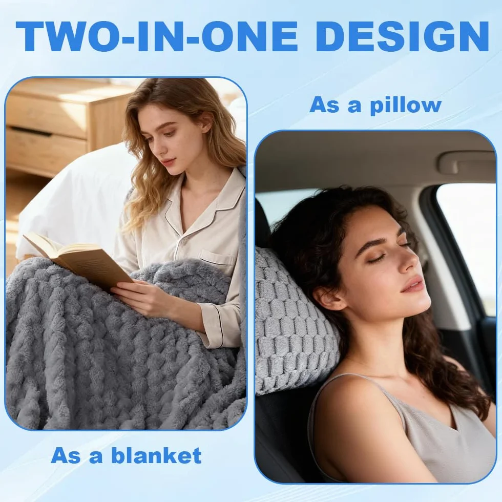Couverture de Voyage Pliable 2 en 1 avec Oreiller, Douce et Chaude avec Étui, pour Avion Voiture Bureau Gris